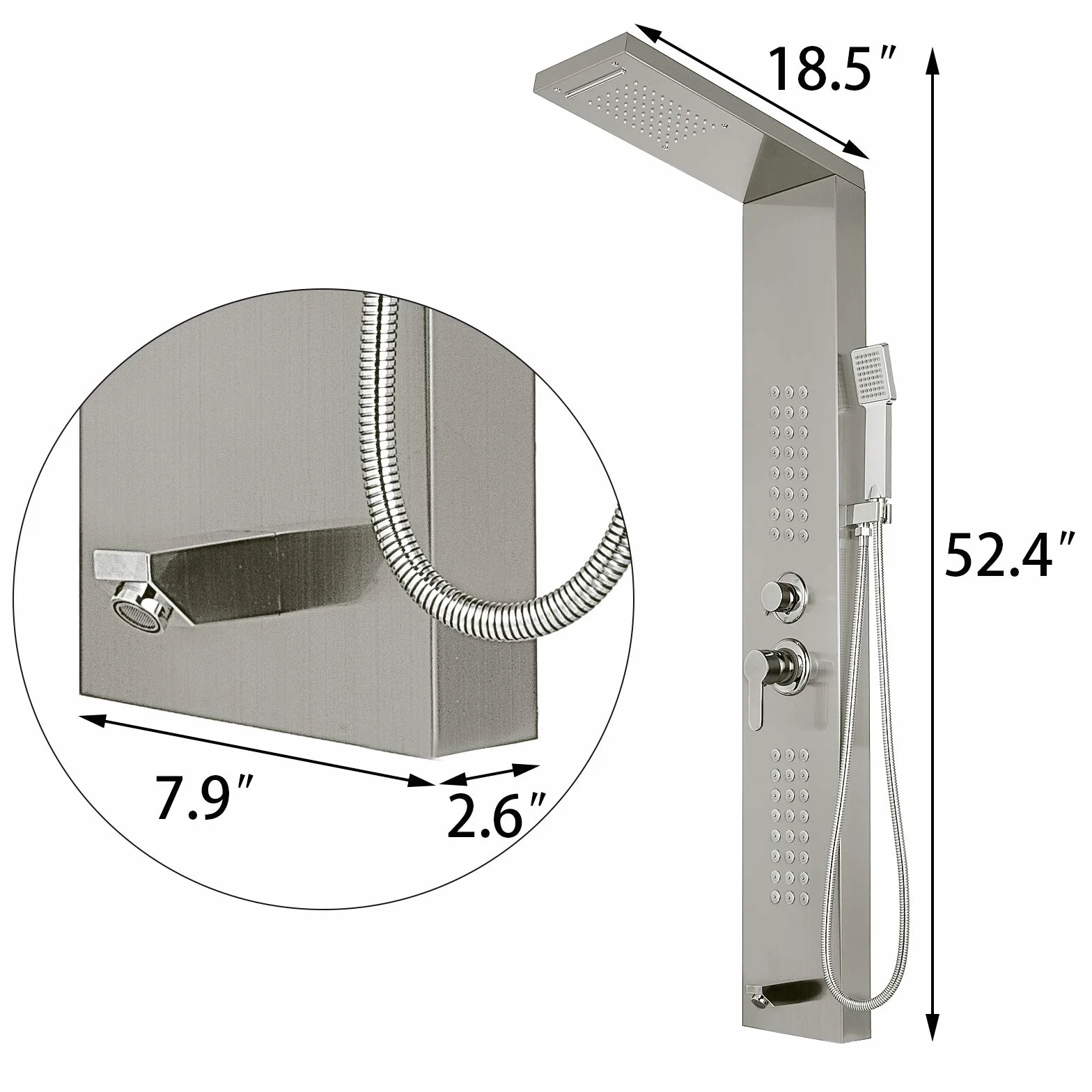 Panel de Ducha de Acero Inoxidable Columna de Hidromasaje 5 en 1 Columna de Hidromasaje para Hogar Hotel (Separado, Plata cepillada)