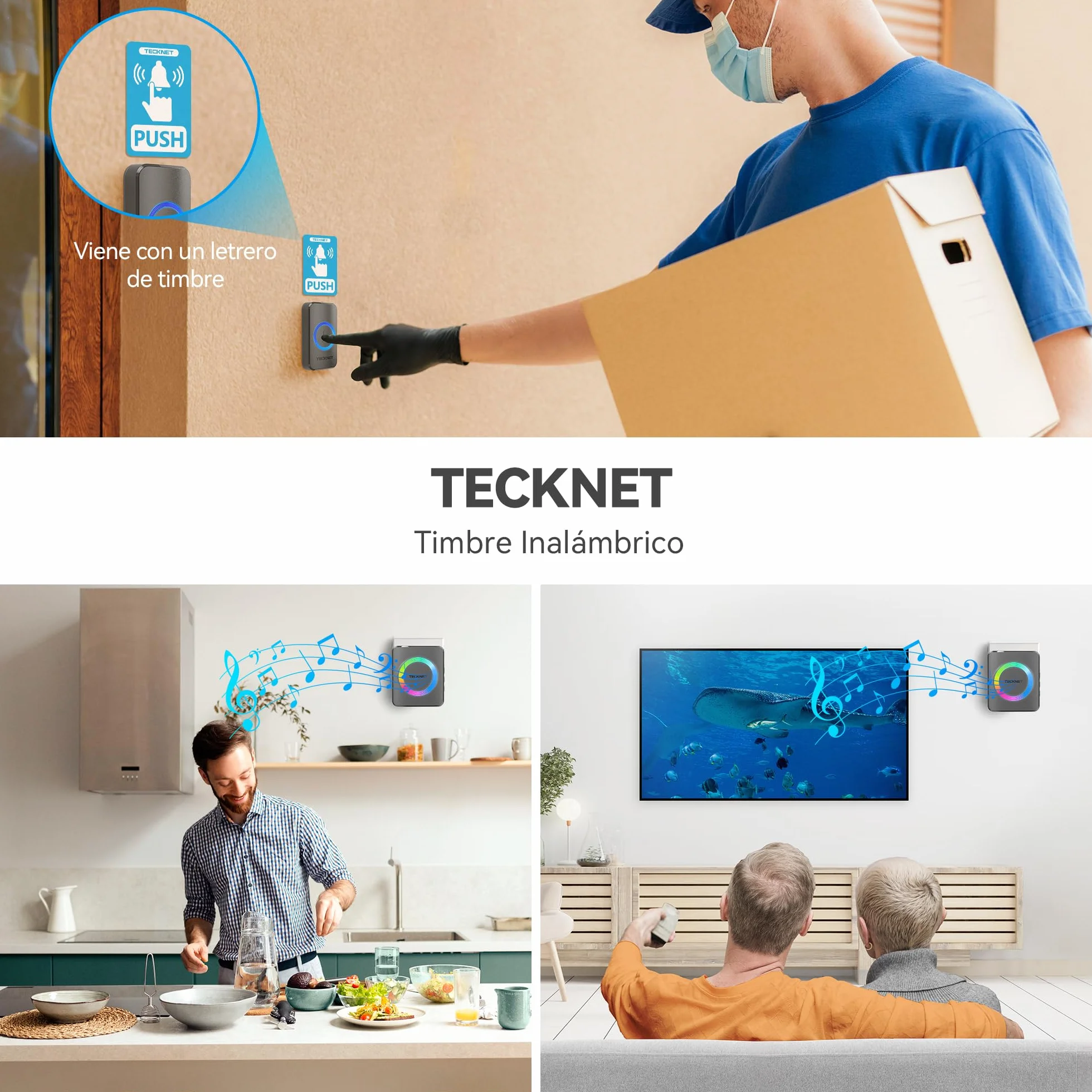 TECKNET Imbre Inalámbrico, 500m Alcance IP65 Impermeable,Timbre Inalámbrico Exterior Impermeable 60 Melodías Ajustables, 5 Niveles de Volumen (0-110dB),Adecuado para Hogar, Hotel, Emergencia, etc