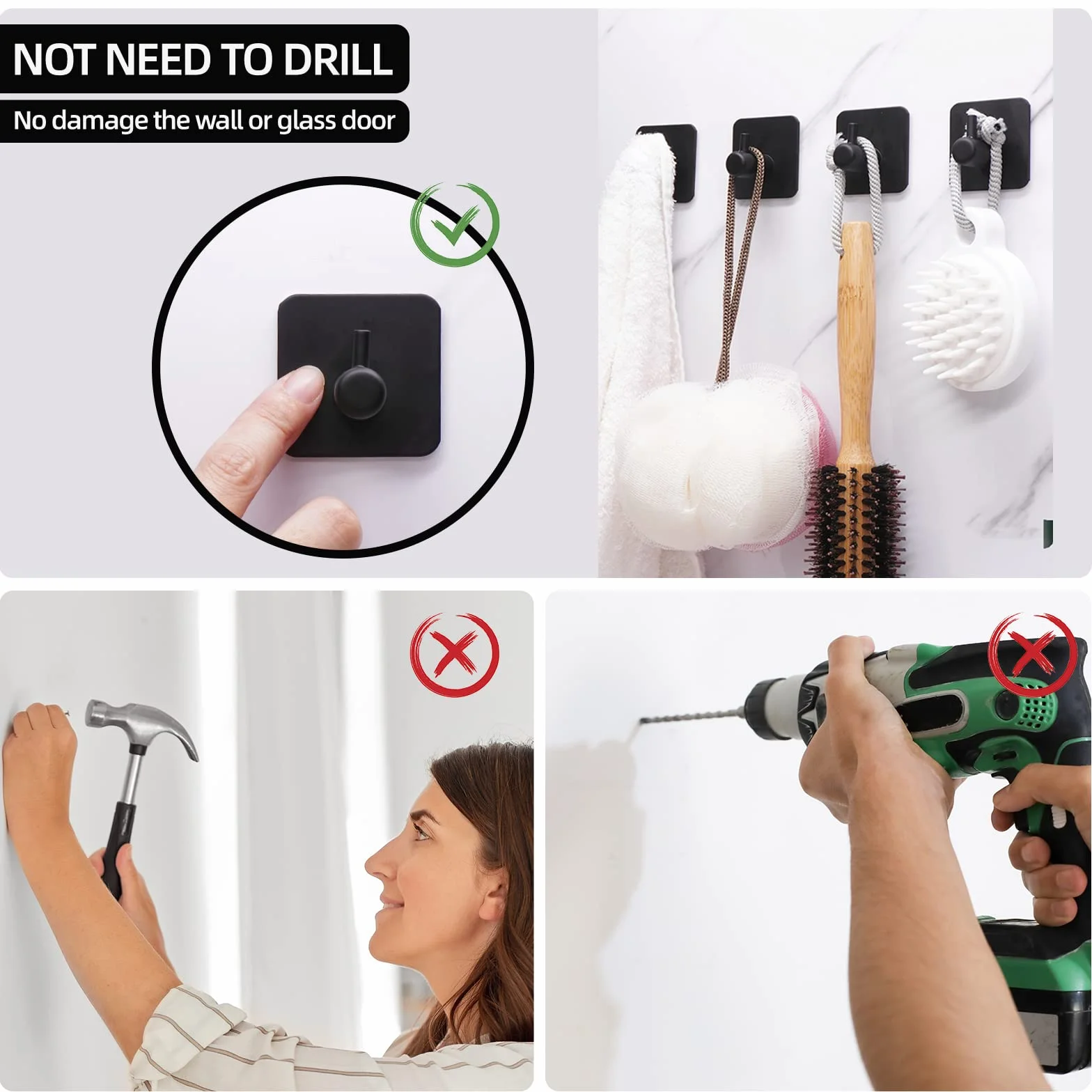 Feligio Ganchos Adhesivos para Pared Autoadhesivo Gancho para Toallas Sin Taladro Inoxidable Impermeable Gancho para Baño para cocinas, baños, oficinas, 4 Piezas Negro