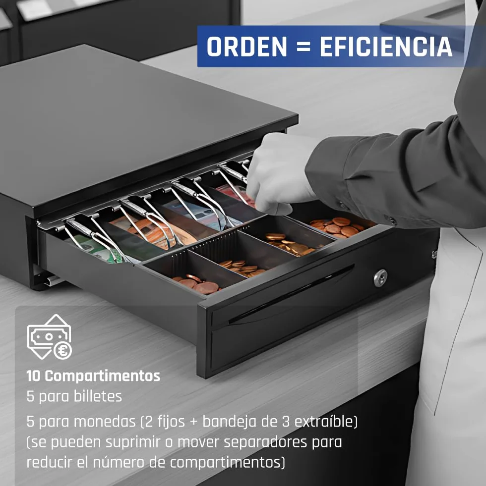 iggual Cajón Portamonedas IRON-30 Caja Efectivo Registradora Manual Automática 5 Billetes 5 Monedas Cerradura 3 Posiciones Acero Plástico Negro 42x40.5x10