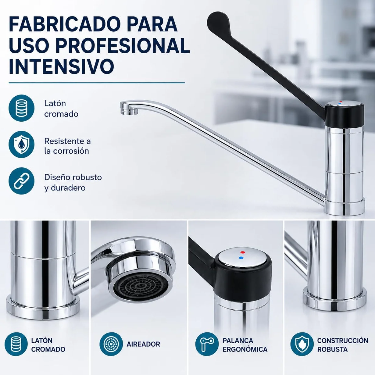 GOLDMAN SERVICE | Grifo de Codo Gerontológico Monomando, Palanca Larga 30 cm, Caño 360°, Grifo Sanitario e Higiénico para Hospitales, Clínicas, Laboratorios y Cocina Profesional