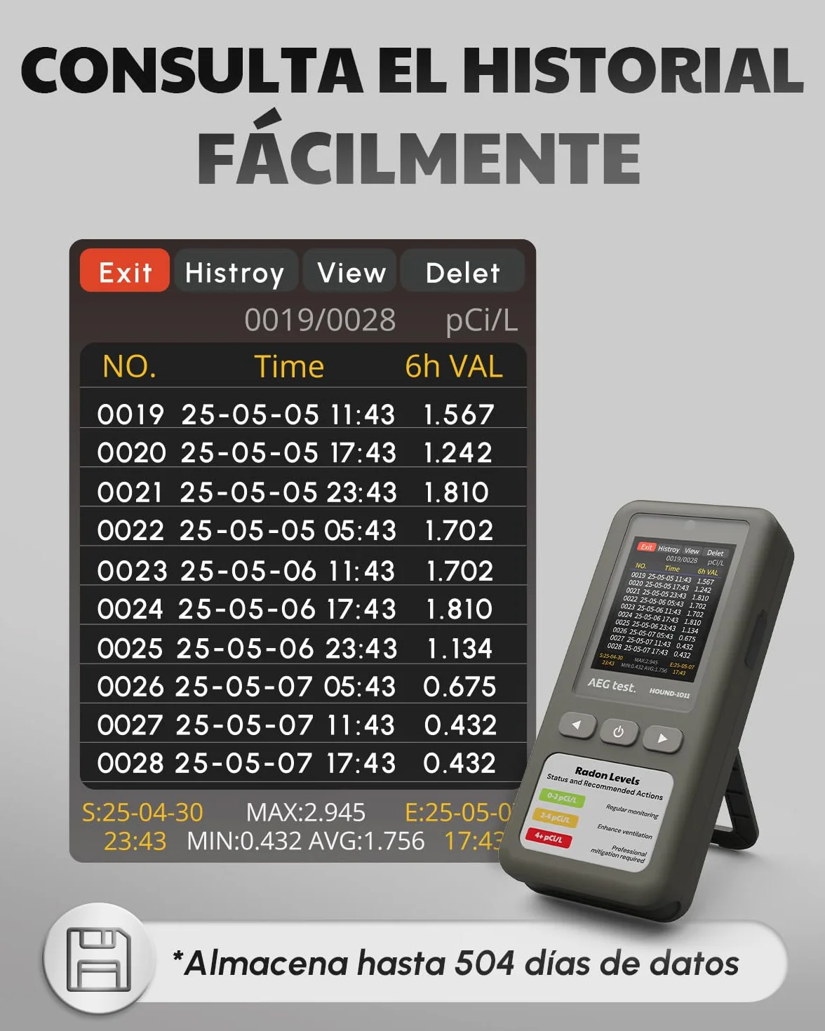 HOUND-1011 Detector de radón portátil para hogar, Ligero, Sensor de Alta precisión, 45 días, fácil de Usar, para mediciones a Corto y Largo Plazo en pCi/L o Bq/m³, para sótano – Gris