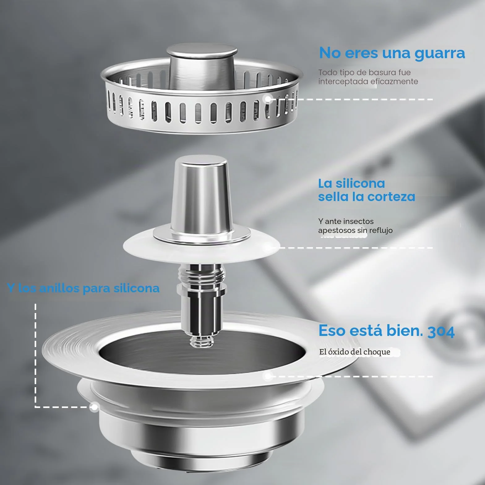 Tapon Fregadero Cocina Acero Inoxidable 3 en 1, Cesta Universal con Filtro, Orificio 75-86 mm