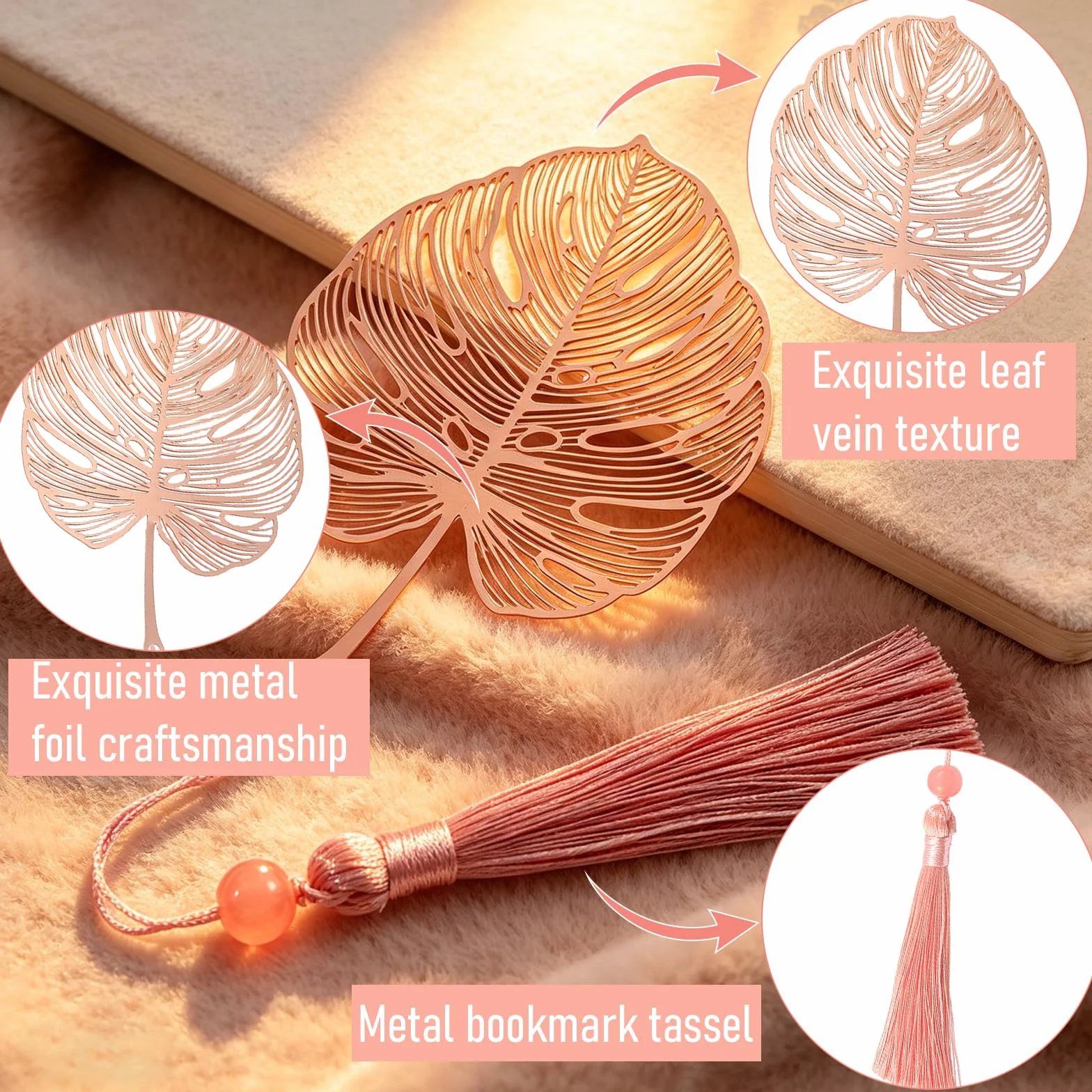 Marcapáginas de Metal Monstera en Caja de Regalo, Elegante con Borla para Mujeres Mamá Abuela (Oro Rosa)