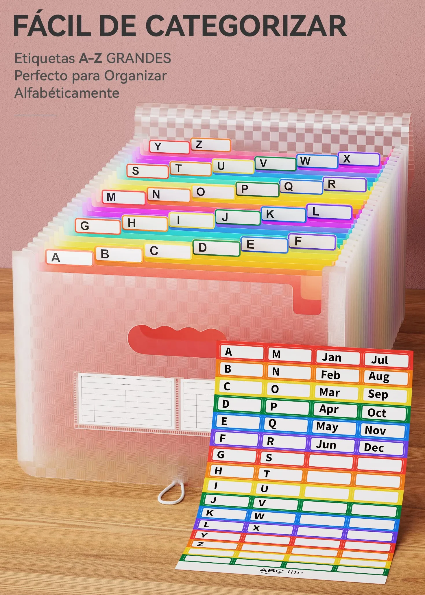 Carpeta Clasificadora de Acordeon A4 26 Bolsillos Plastico Archivador con Patron de Cuadricula Organizador Papeles Extensible Rosado