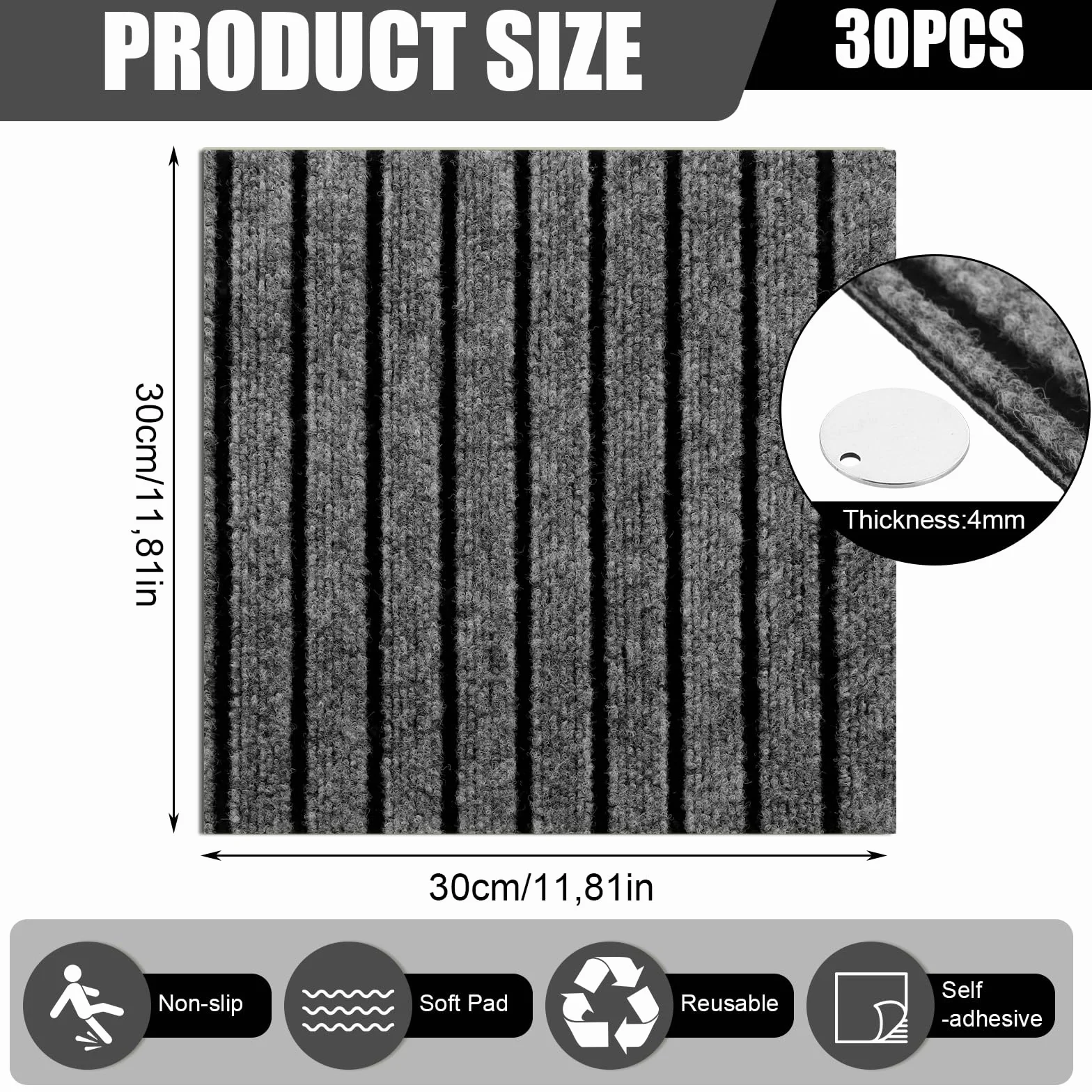 30 azulejos de moqueta de 30 x 30 cm, autoadhesivos, para oficina, salón, balcón (gris y negro)