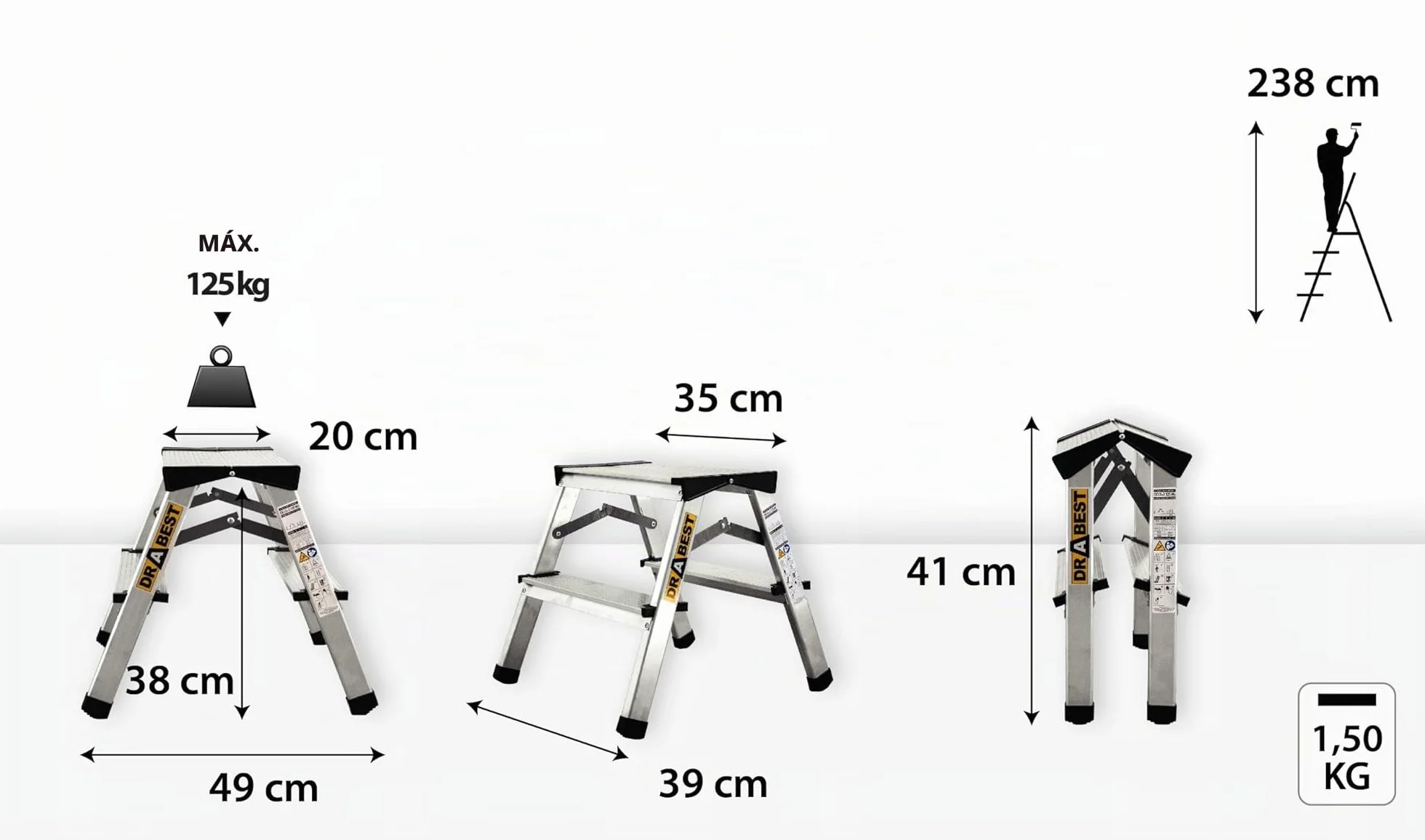 DRABEST Escalera de Tijera peldaños Plegables Escalera de Aluminio Escalera doméstica accesible por Ambos Lados 2x2 peldaños cargable hasta 125 kg