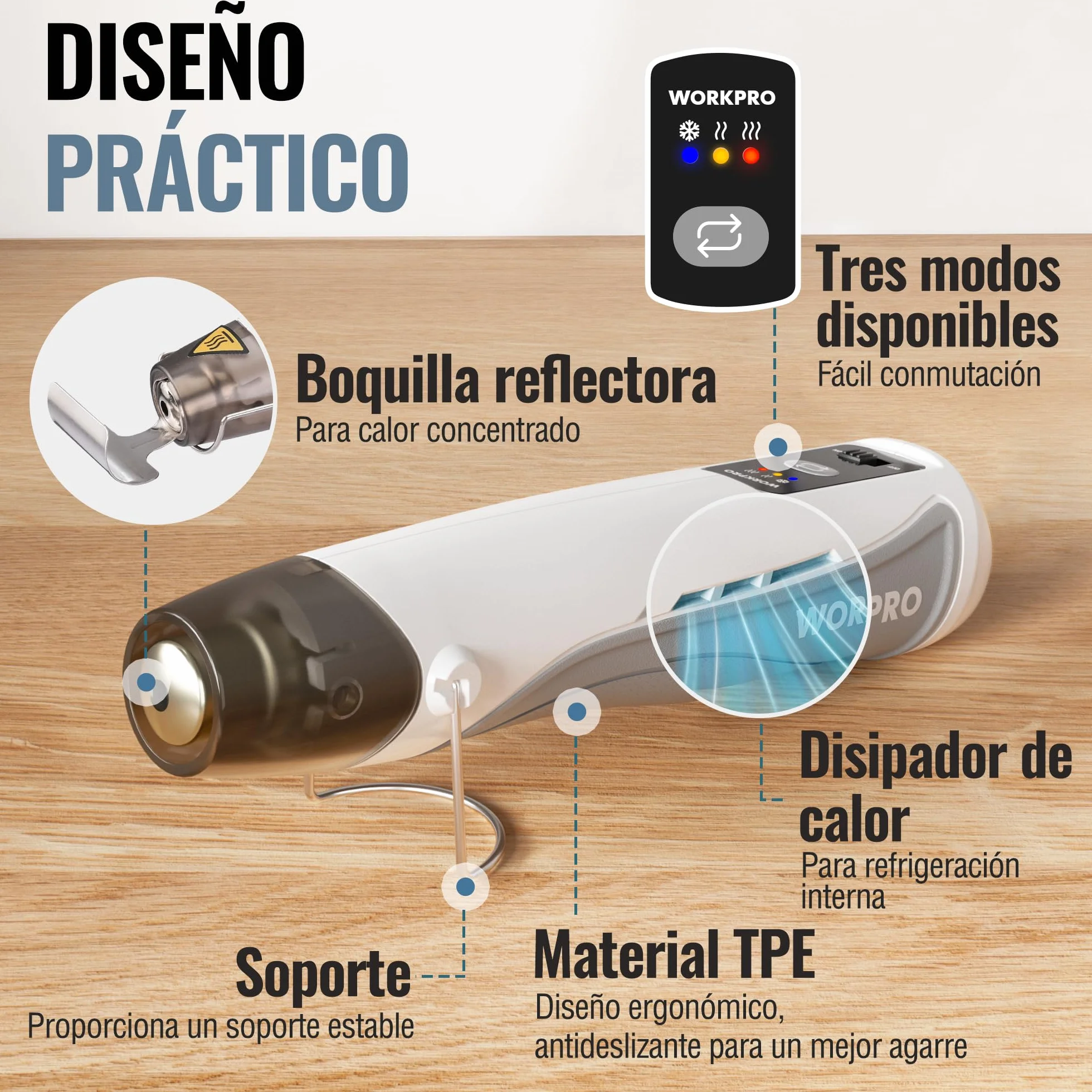 WORKPRO Mini Pistola de Calor de 7,2 V, Pistola de Aire Caliente Inalámbrica, 3 Temperaturas(Frío/150℃/360℃), Calentamiento Rápido, con Boquilla Reflectora, 2000 mAh, Ideal para Manualidades y DIY