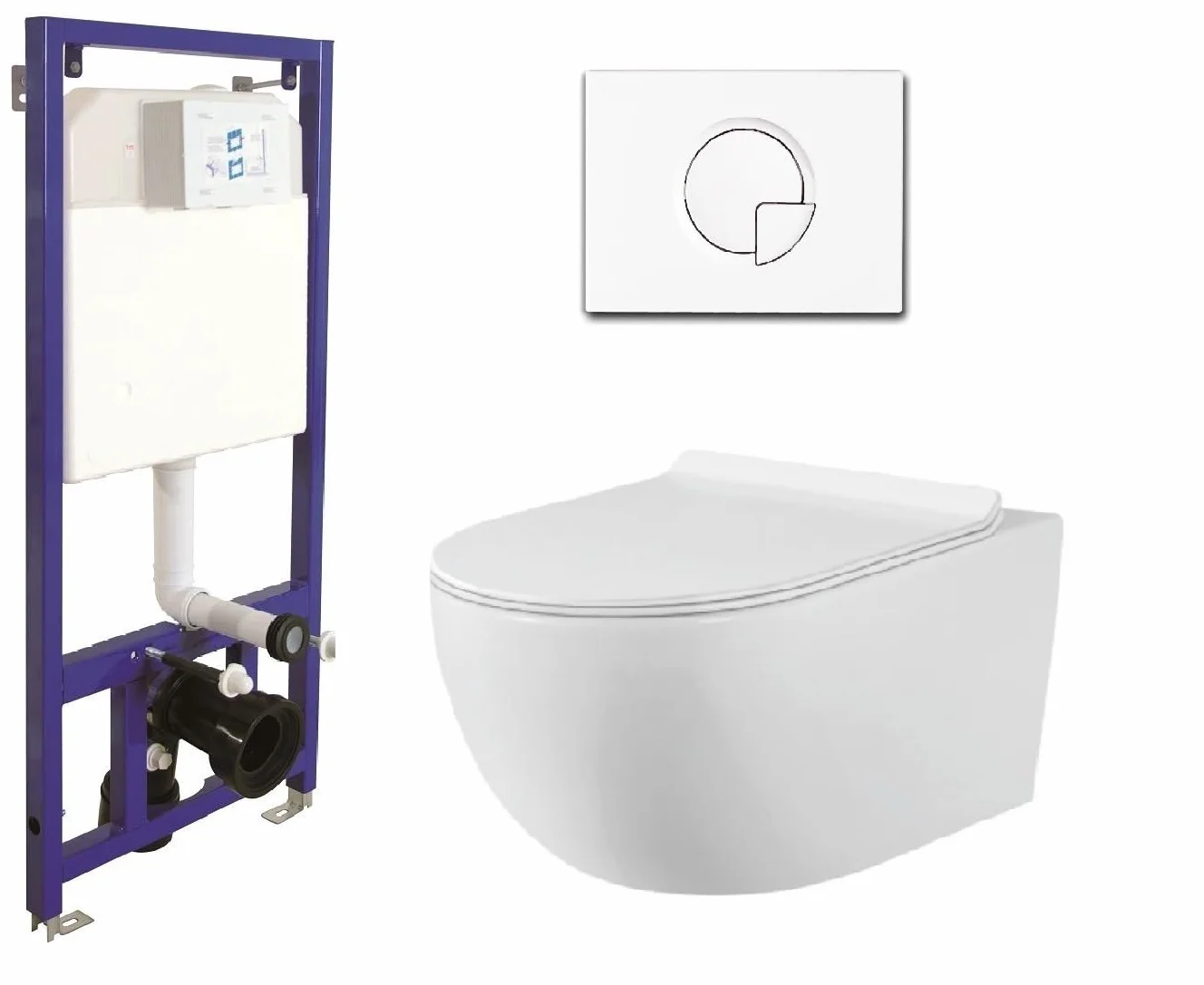 Juego completo de inodoro con asiento sin bordes, elemento de pared empotrable, cisterna de cerámica, color blanco/negro + placa pulsador (SD 1, blanco)