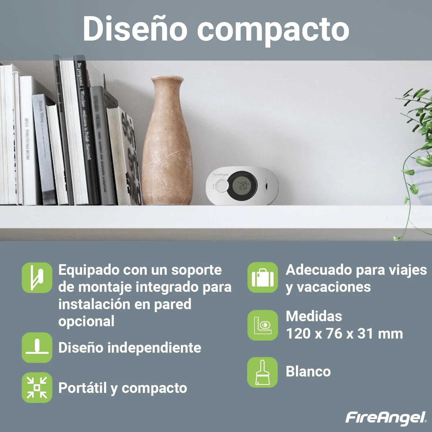FireAngel Detector de Monóxido de Carbono Digital con Batería Sellada de 10 Años de Duración FA3322 - Alarma de CO, Humedad y Temperatura Portátil