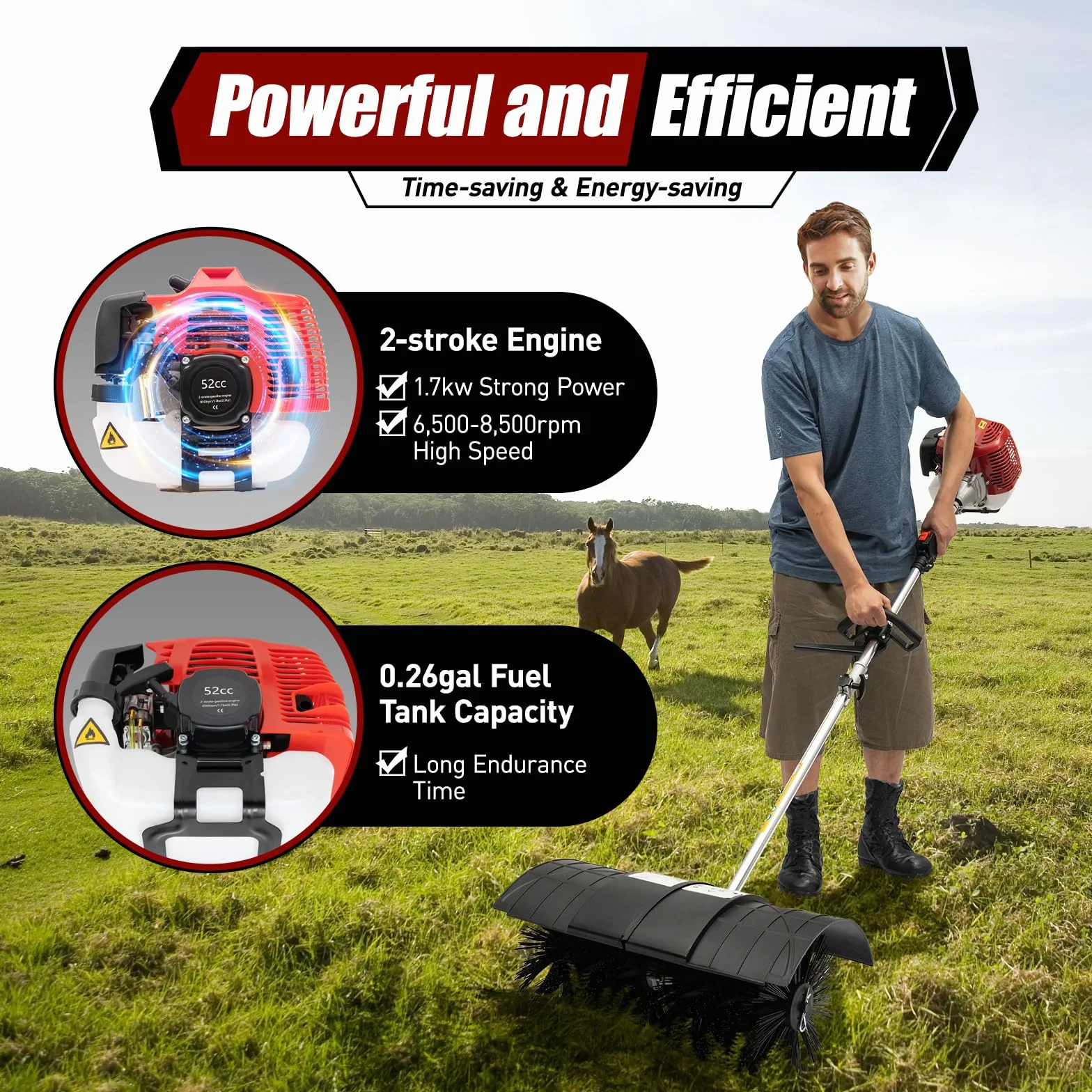 Barredora de gasolina de 2 tiempos de 52 cc, 2.3 HP, limpiador de escoba de mano, barredora de gas para sitios de construcción de césped artificial, limpieza de calles y barrido de nieve