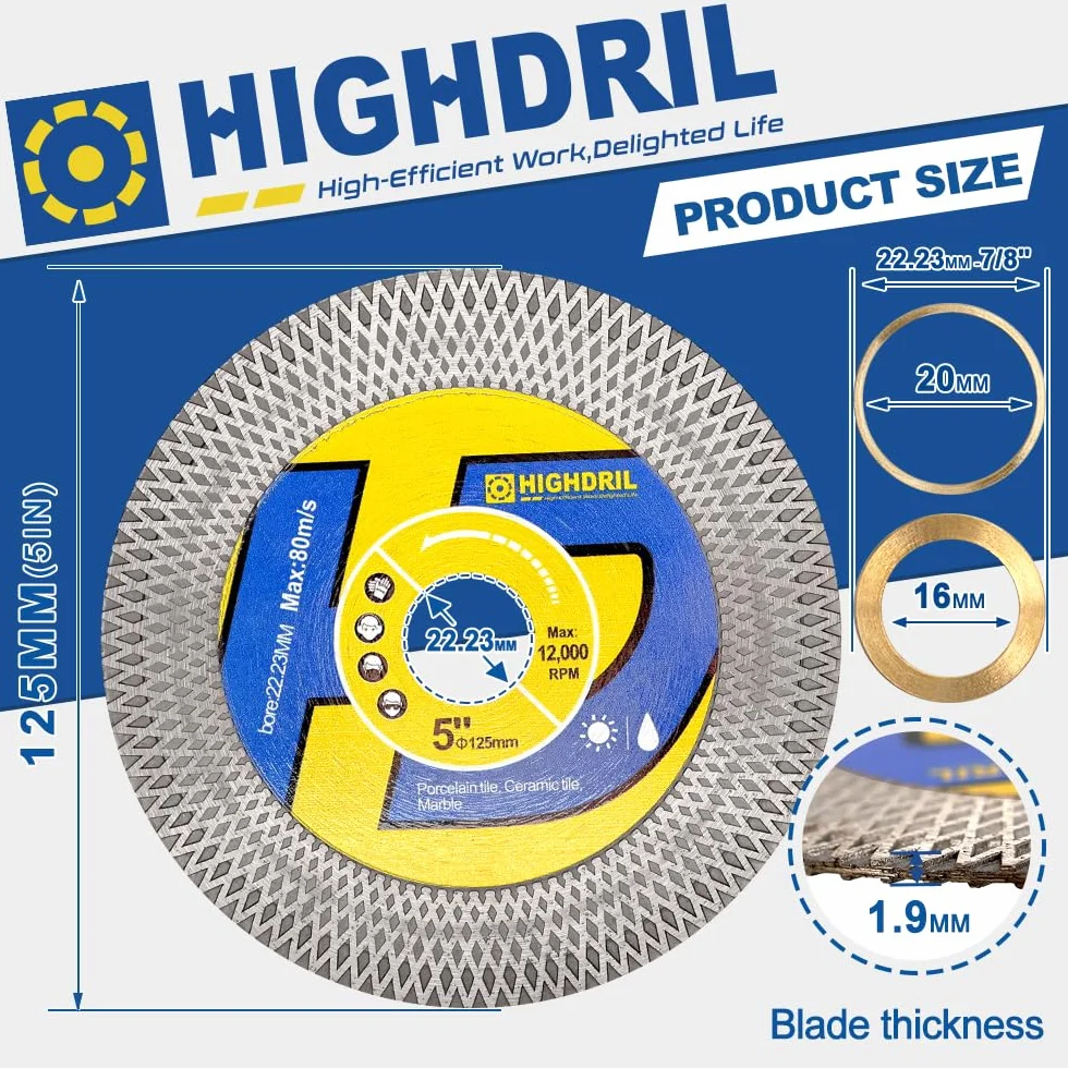 HIGHDRIL Disco Diamante Porcelanico 125mm - 2piezas Doble Uso Lateral Discos de Corte y Desbaste para Cerámica Porcelánico Mármol Piedra Artificial Granito