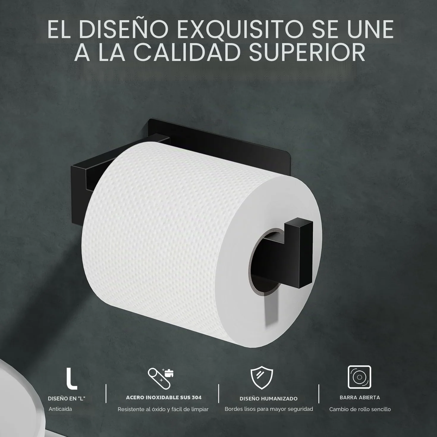 Portarrollos Papel Higienico Acero Inoxidable 2 Piezas Adhesivo Negro Auxmir