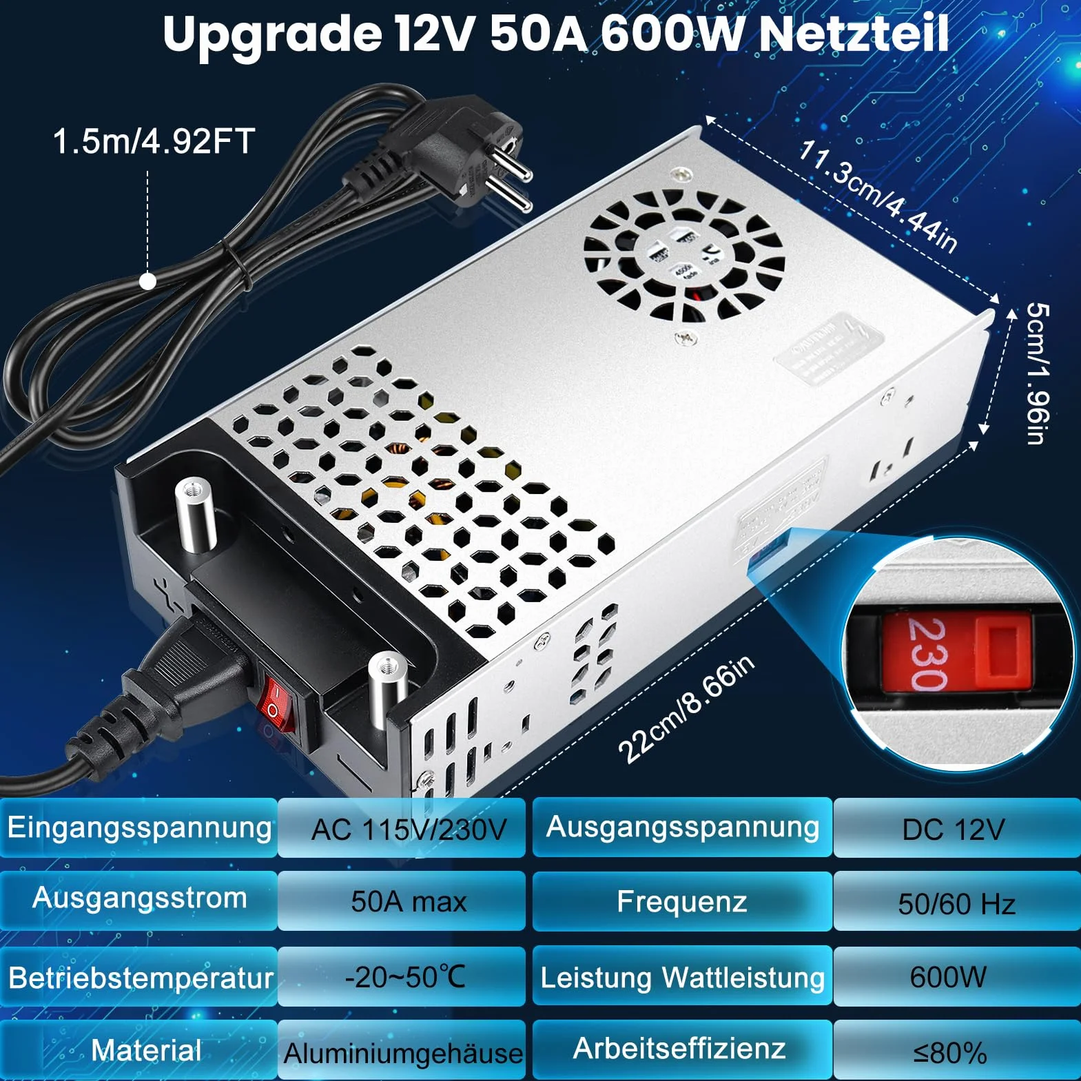 Fuente de alimentación de conmutación mejorada 12V 50A 600W - Transformador LED de 230V a 12V CC 12V - Convertidor de voltaje - Transformador para impresora 3D, calefacción diesel, calefacción