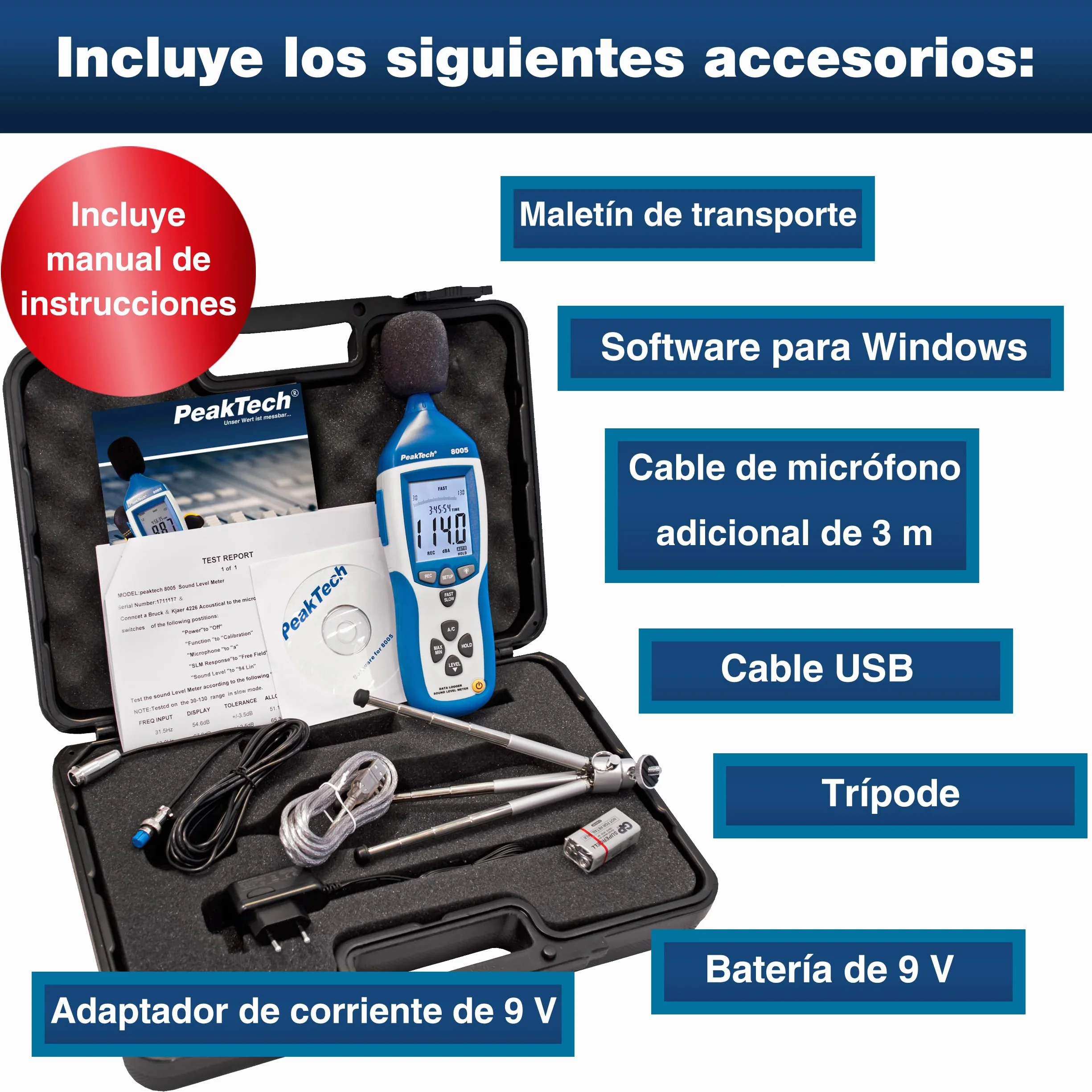 PeakTech 8005 – Medidor de nivel de sonido clase 2 con grabación (32000 valores medidos), calibrado, USB, medidor de dB, Min / Max, registrador de datos, salidas de CA / CC, 30 dB - 130 dB