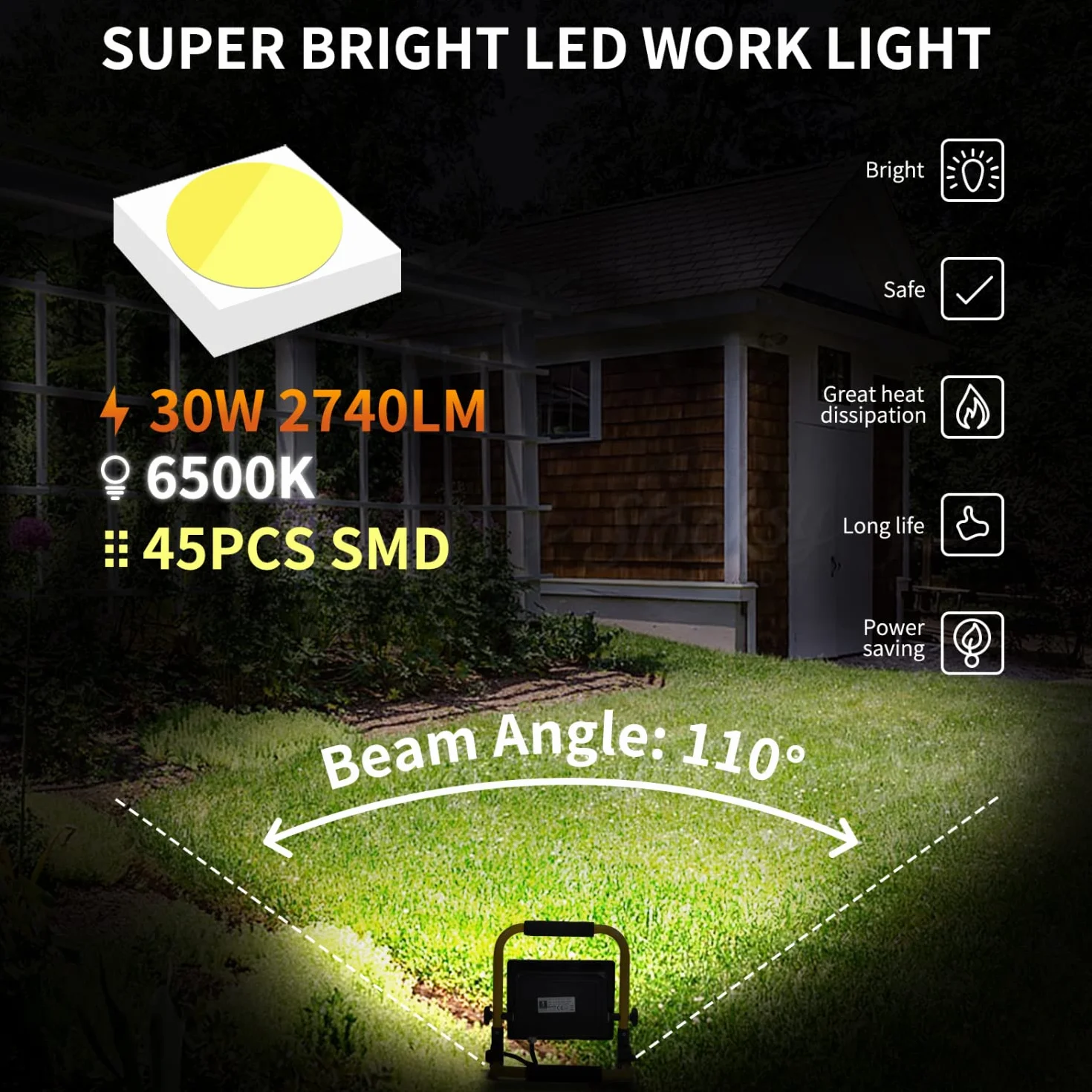 Aigostar Foco de Trabajo LED 30W,6500K Luz Blanca, 2740LM Luz de Trabajo con Giratorio 360º,Cable de 1.8M para Uso en Interiores y Exteriores,para Obra, Taller, Garaje, 2 piezas