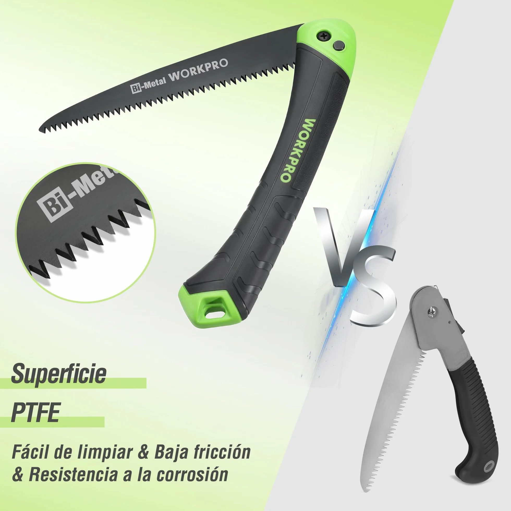 WORKPRO Sierra de Podar, Sierra Plegable, Serrucho de Poda con Bloqueo Seguro, Hoja de Sierra Bi-material D6A y M2, Sierra Plegable de Agarre Suave para Madera, Jardinería
