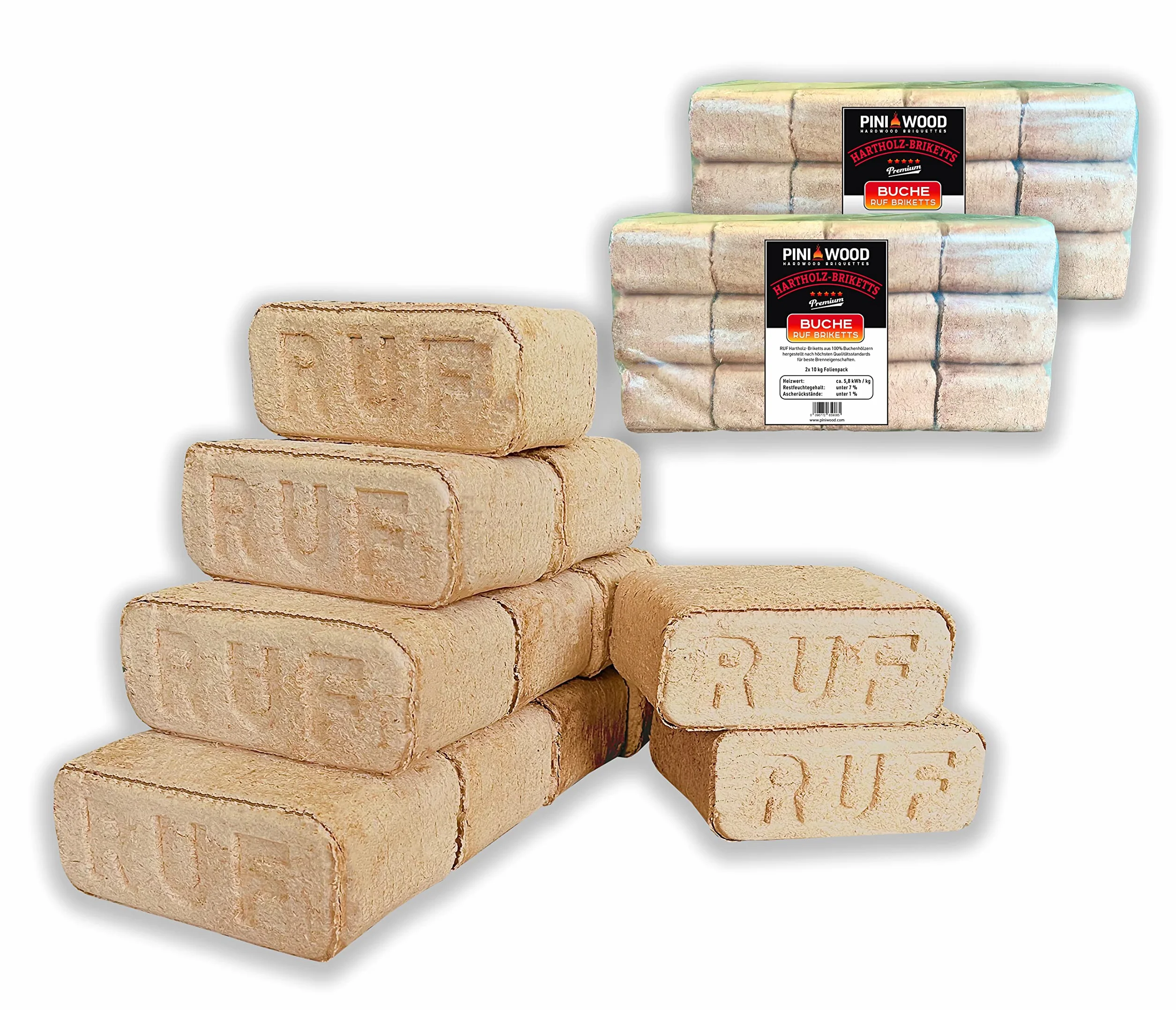PINI Briquetas de madera, 100 % haya, briquetas de madera dura, RUF, chimenea, estufa, barbacoa, hoguera, leña, 20 kg