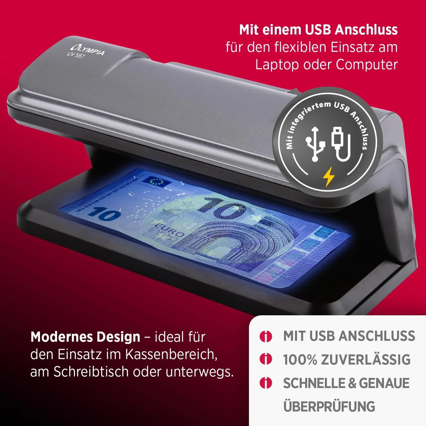 Olympia Detector de billetes UV 587, luz UV 365 nm, 2 LED UV 3 W, comprobador billetes falsos USB