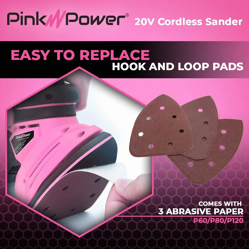 Pink Power Detail Sander - Lijadora de mano eléctrica inalámbrica de 20 V para muebles de madera, mini lijadora de palma con papel de lija, batería de iones de litio y cargador, pequeña lijadora de