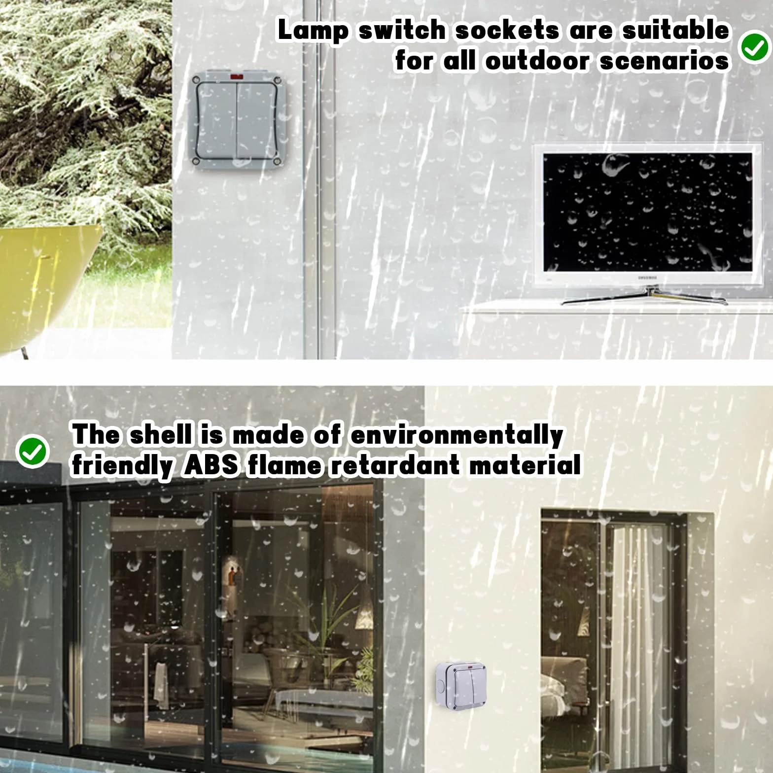 Sporgo Interruptor Universal Doble Resistente a la Intemperie - 20 A, IP66, Resistente al Agua Con Luz de Control - Gris Para Exterior, Jardín