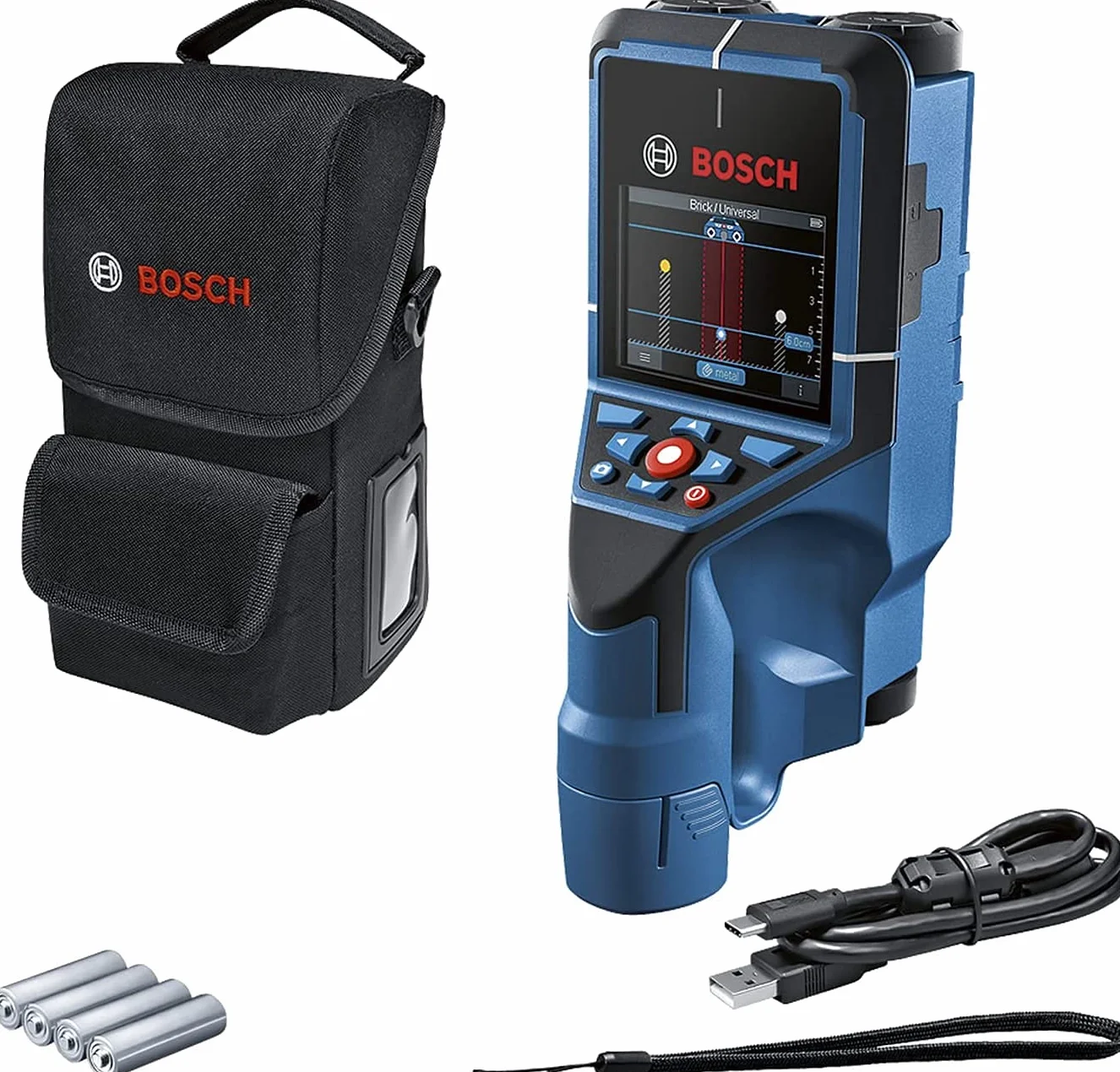 Bosch Professional Detector D-tect 200 C (detección de cables con y sin tensión, tuberías de metal y plástico, pernos de madera y cavidades, cable USB-C™, 4 pilas AA, bolsa protectora)