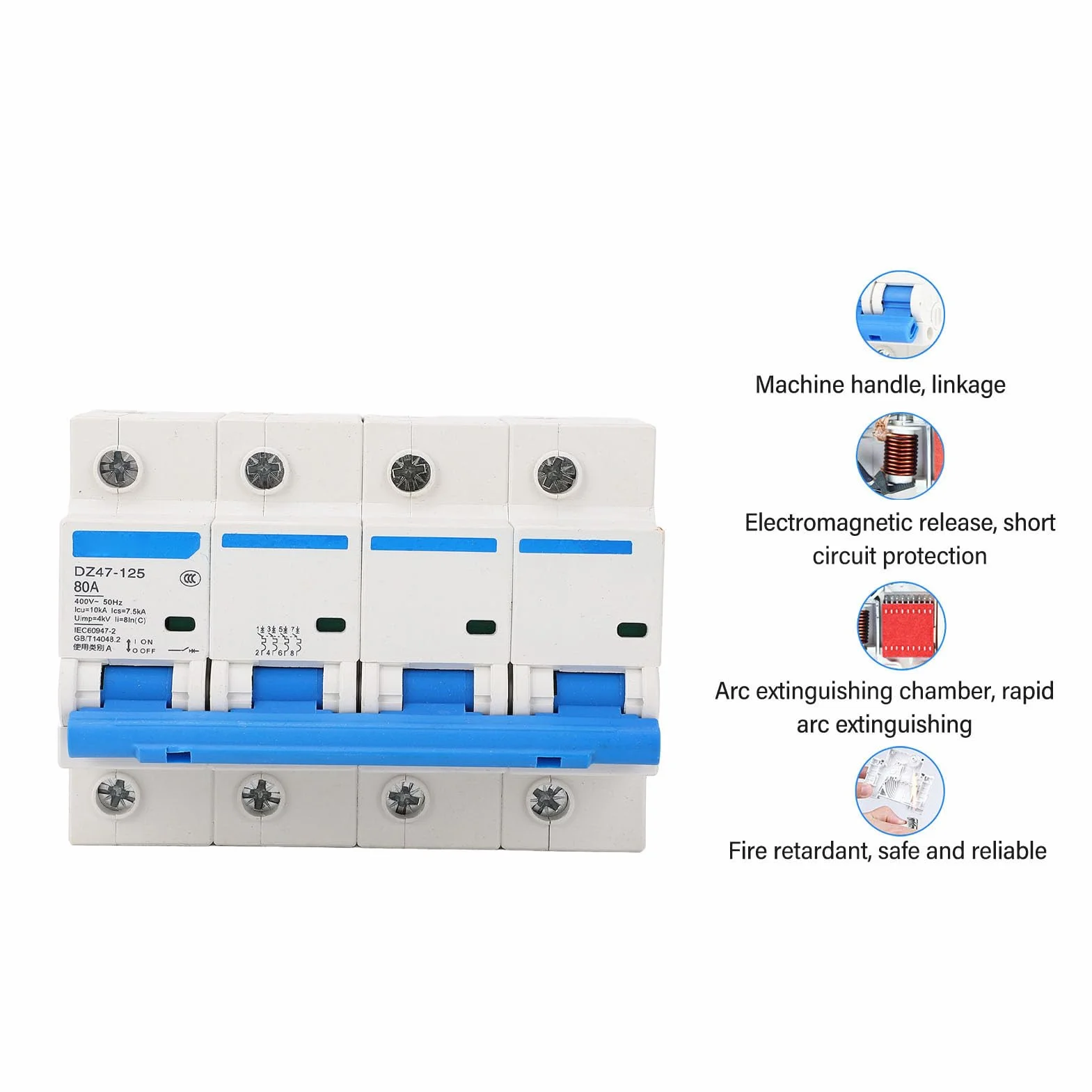 SEAFRONT Disyuntor de 4 Polos 80A 400V, Interruptor de Desconexión, Disyuntor de Montaje en Riel, Retardante de Llama de PC para Protección de Energía en el Hogar