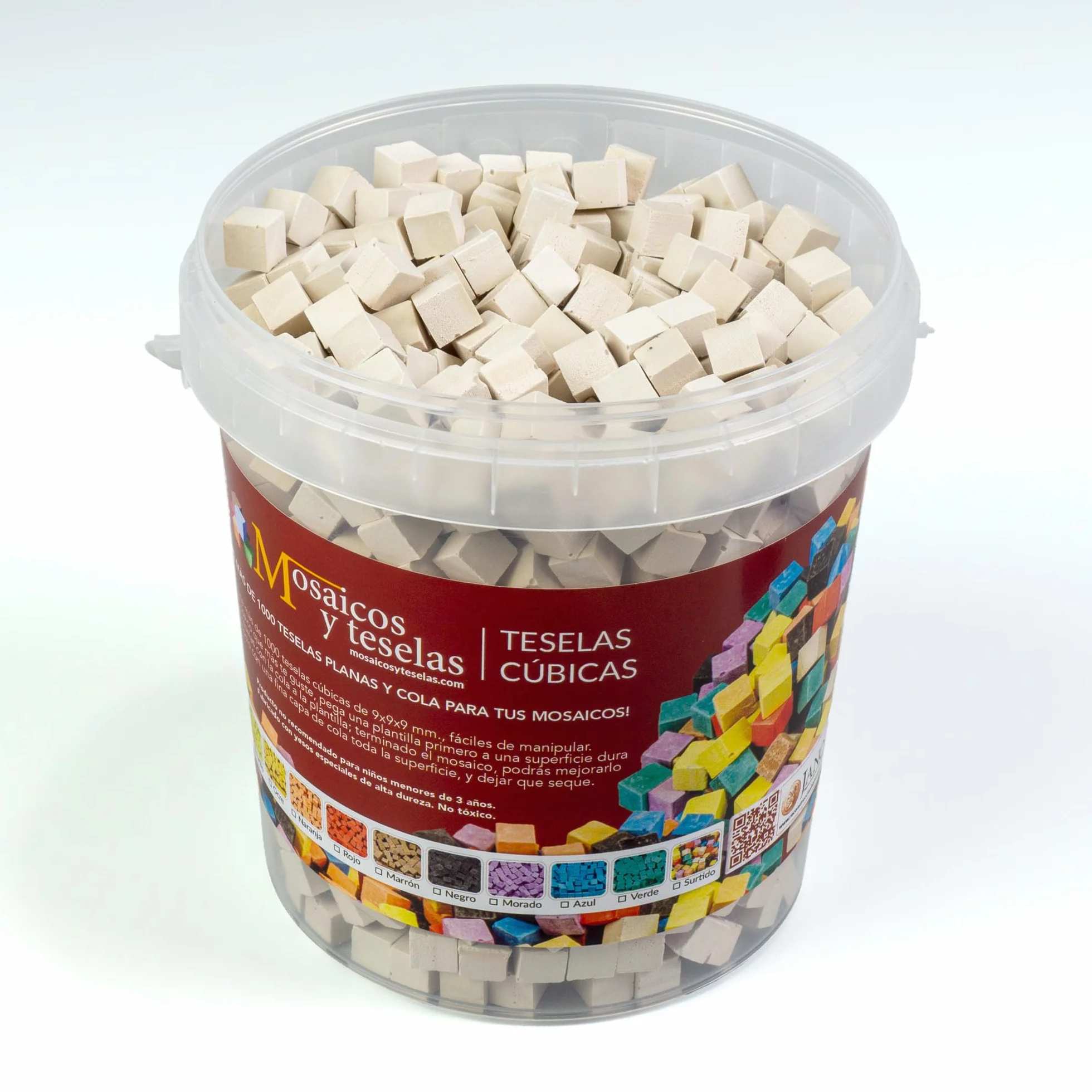 1000 teselas cúbicas para mosaico color blanco 9x9x9mm. 1 kg.