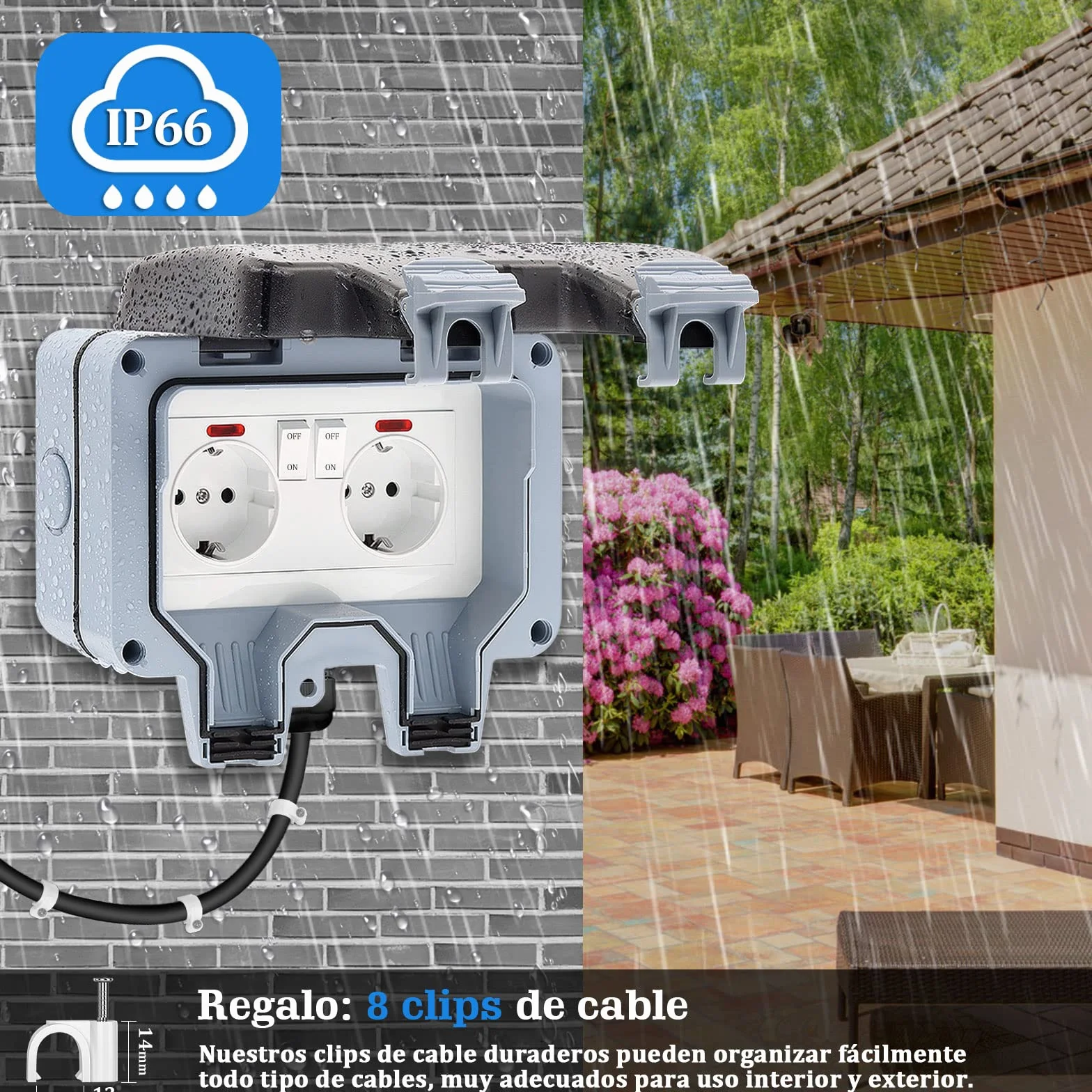 Enchufe Exterior Impermeable, Toma de Corriente IP66, Estanco con Interruptor, Conector de Cable y Tapa Abatible, para Cocina Baño Garaje Piscina y Jardín