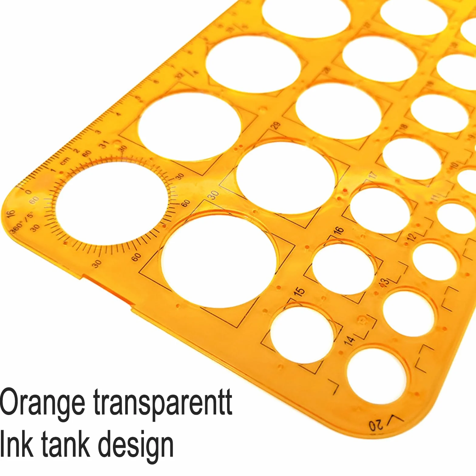 Plantilla circular de plástico, regla para dibujar con 36 círculos, naranja