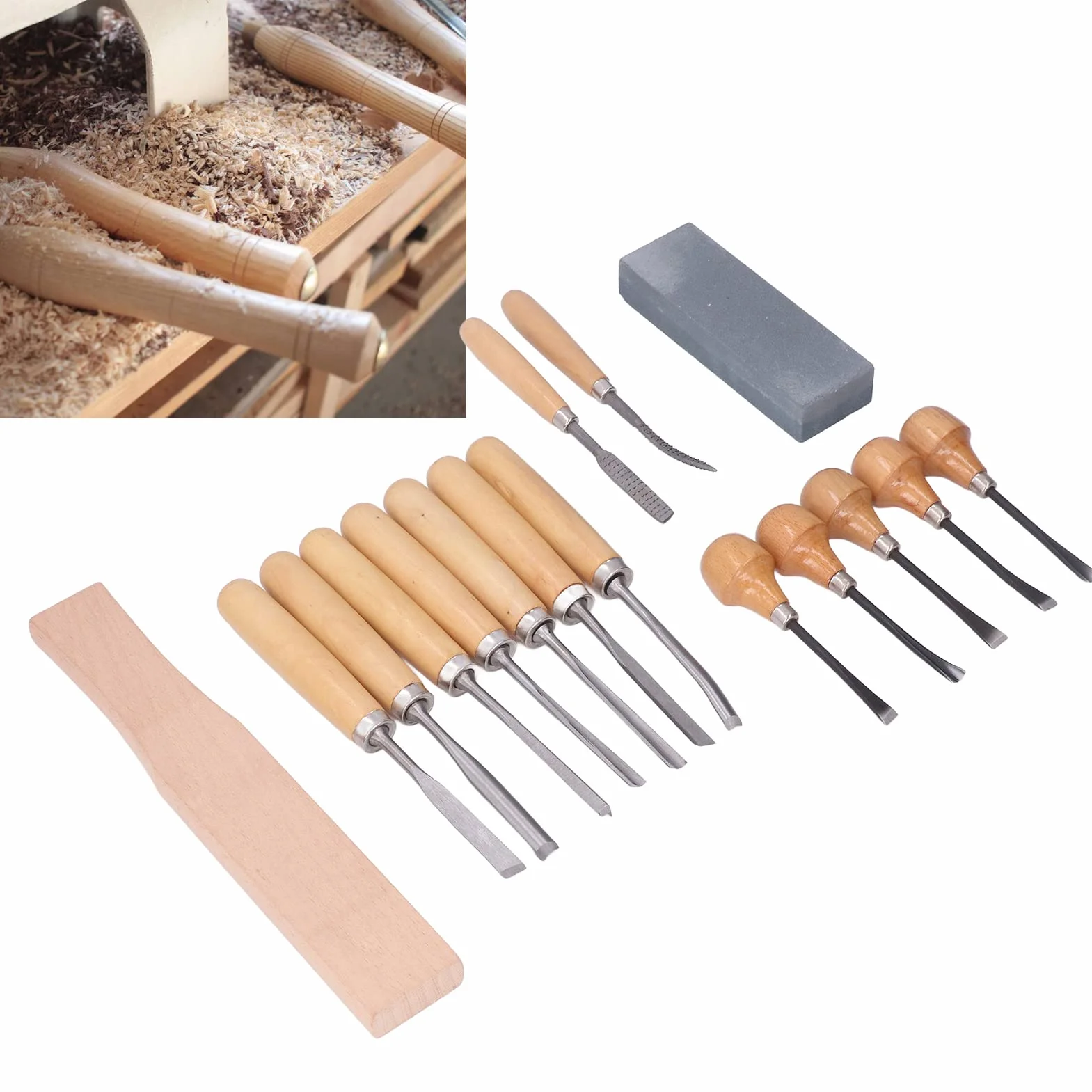 Juego de 16 Piezas de Herramientas para Tallar Madera - Kit de Cinceles y Gubias Profesionales con Mazo, Lima y Piedra de Afilar para Carpintería y Tallas