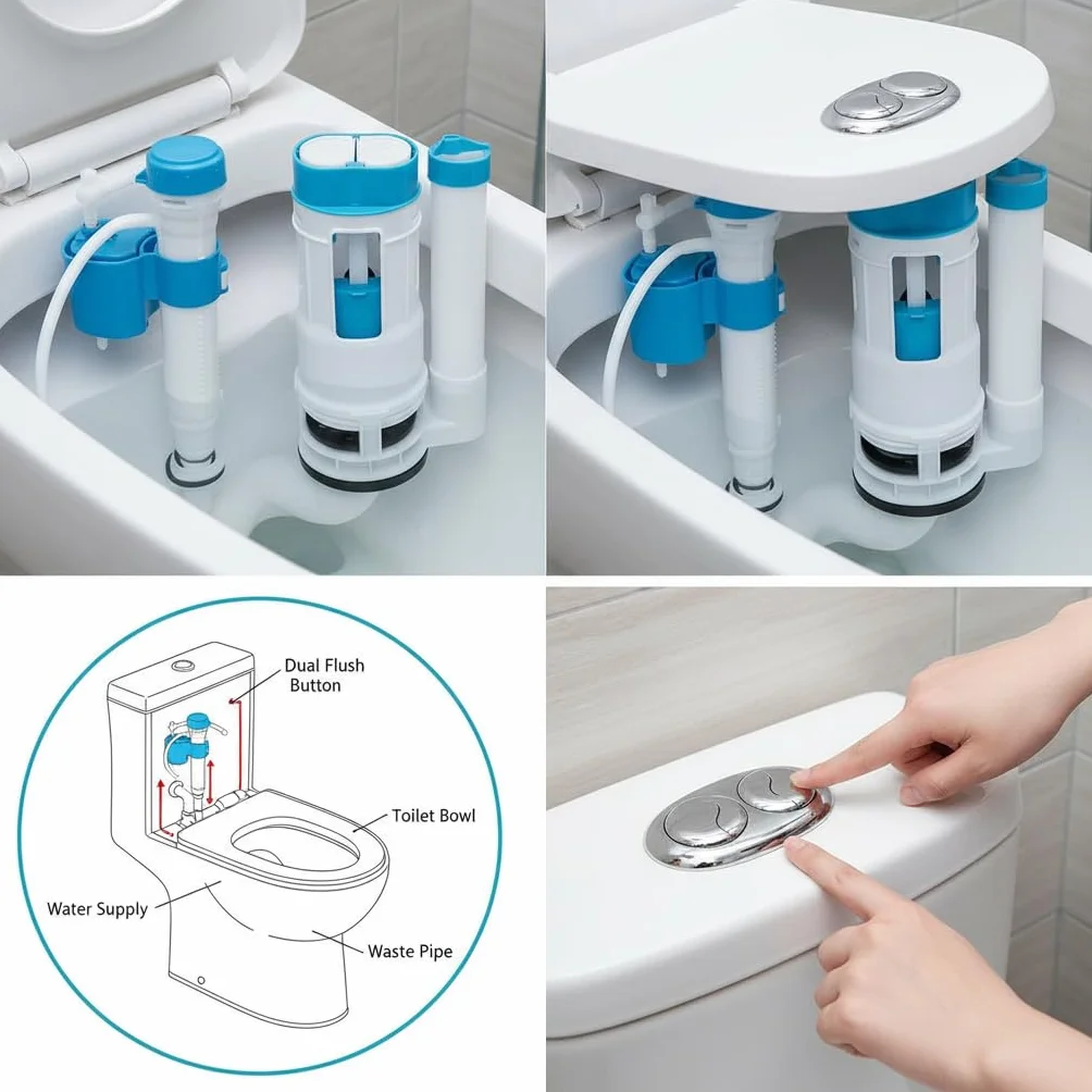 Sistema de descarga de inodoro de repuesto, Wieat Kit de cisterna de inodoro de doble descarga, botón pulsador para baño doméstico, válvula de llenado ajustable azul, adecuado para depósitos con una