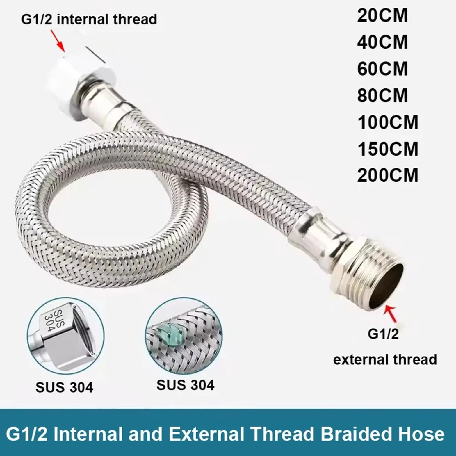 Manguera flexible trenzada con rosca interna y externa G1/2 de acero inoxidable de 20-200 cm, accesorio de baño for ducha extensible(150cm)