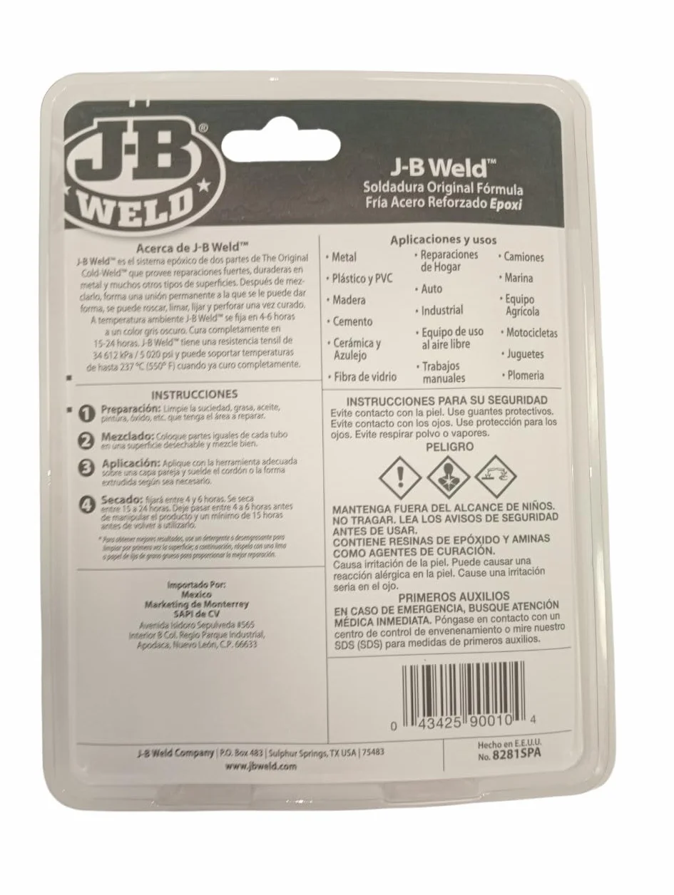 J-B Weld 8281SPA - Soldadura - Acero - Reforzado - Epoxi - Formula fría - Reparaciones - Múltiples Superficies - Formato Industrial 2 x 141,8gr