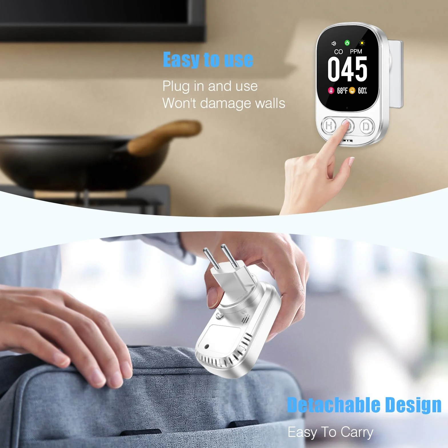 YOJOCK CO-Melder, Detector de Monóxido de Carbono 3-en-1 con Sensor de Temperatura y Humedad, Detector CO para Casa, Camper, Apartamento, Sótano, Taller y más, Certificado EN 50291 (Blanco)