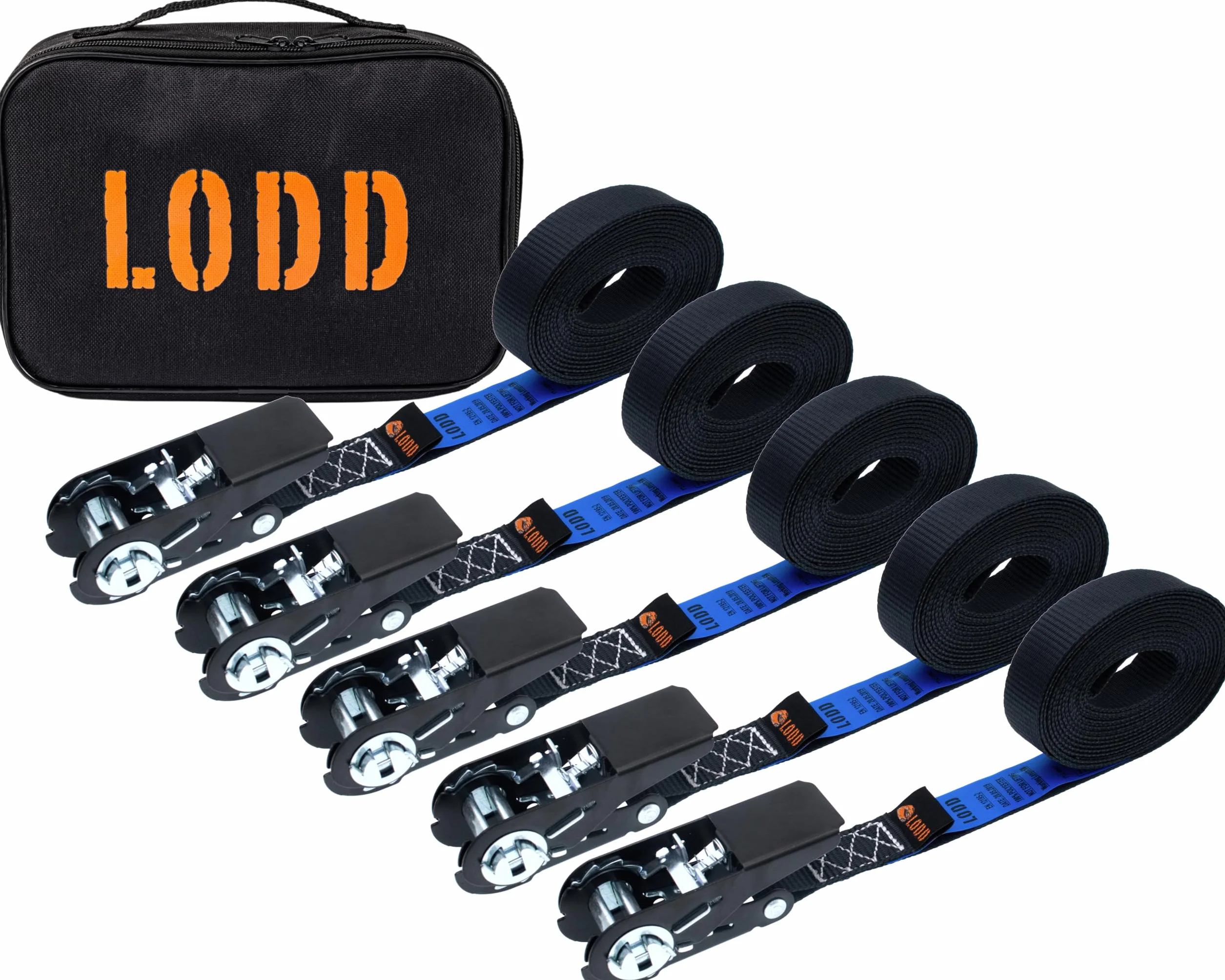 LODD - Juego de 5 Correas de trinquete de 6m x 25mm con Bolsa de Transporte. Resistencia 800kg. Conforme Norma EN 12195-2. Montaje Ideal para remolques de Motocicletas y Bicicletas