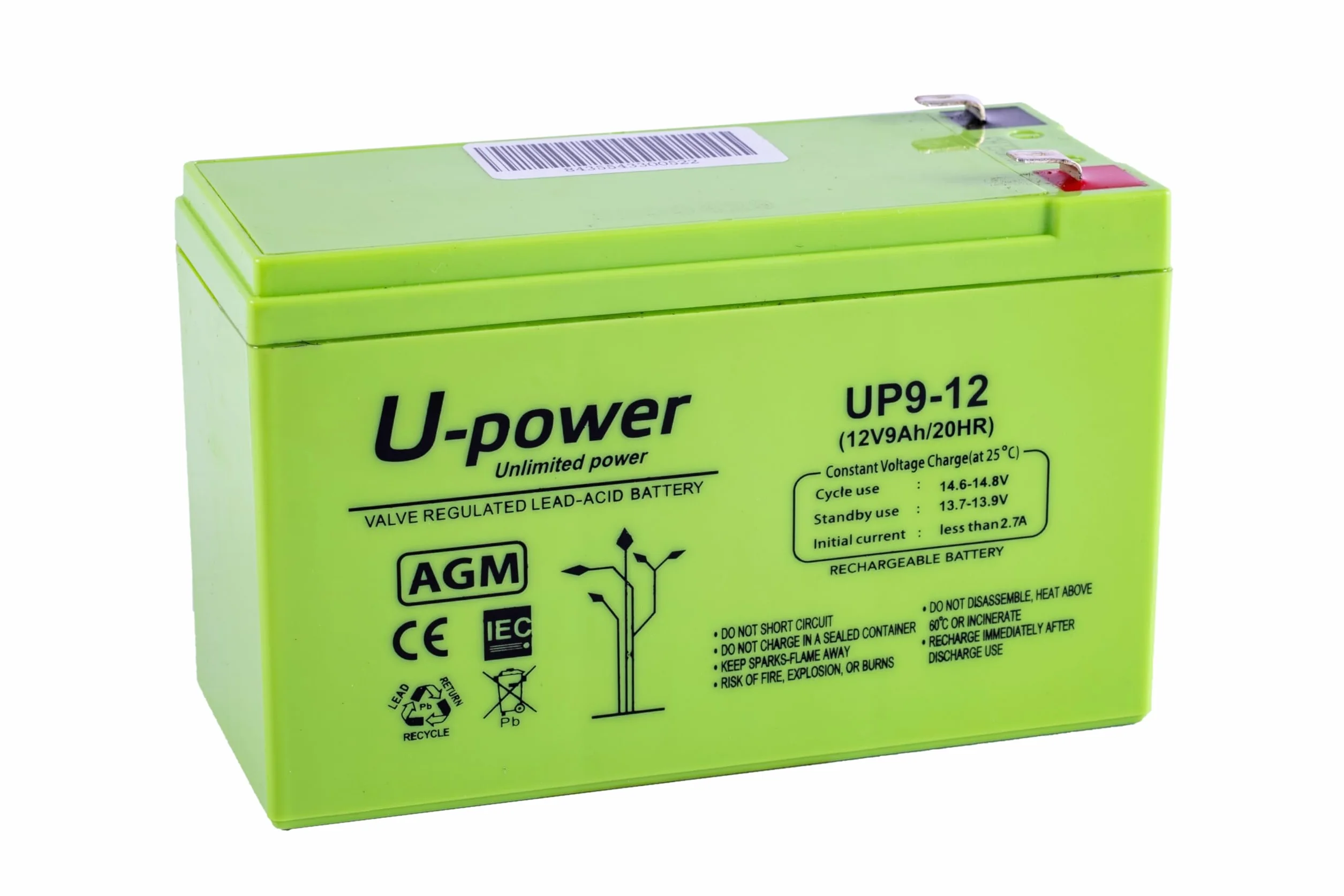 U-Power Batería AGM 12V 9Ah – Sellada Recargable Plomo-Ácido VRLA – para Alarmas, SAI/UPS, Seguridad, Juguetes Eléctricos y Más – Terminal Faston F2 (6.3 mm)