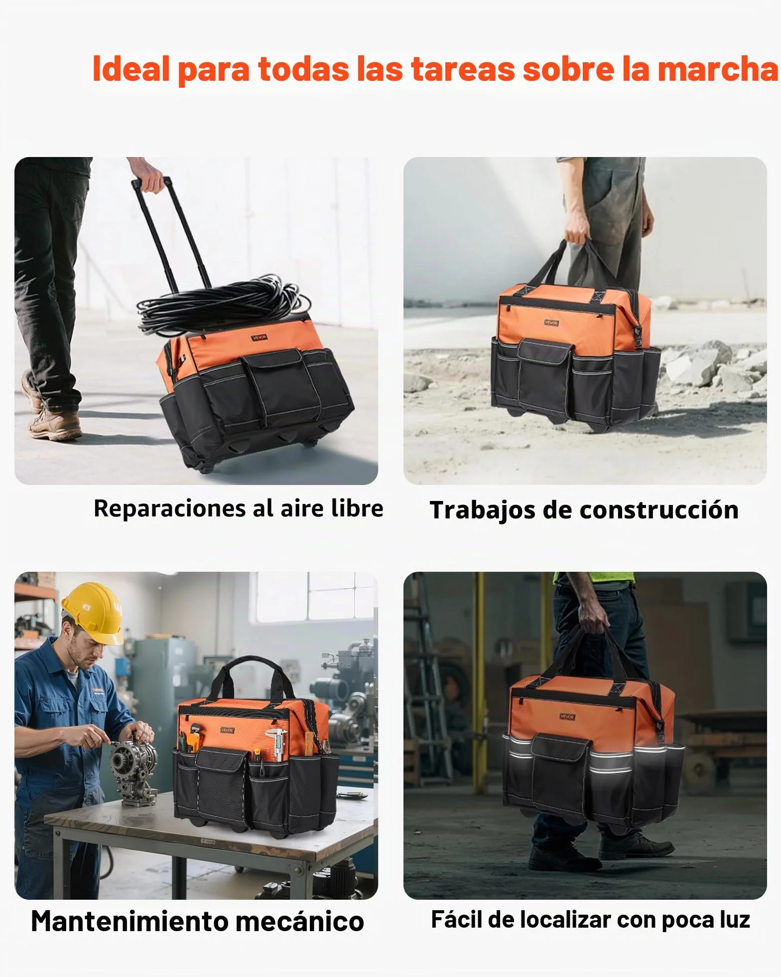 VEVOR Mochila con Ruedas de 510 x 310 x 450 mm Capacidad de Carga de 50 kg, Mochila de Herramientas Resistente con 27 Bolsillos, Asa Telescópica Ajustable y Base Estable para Construcción y Mecánico