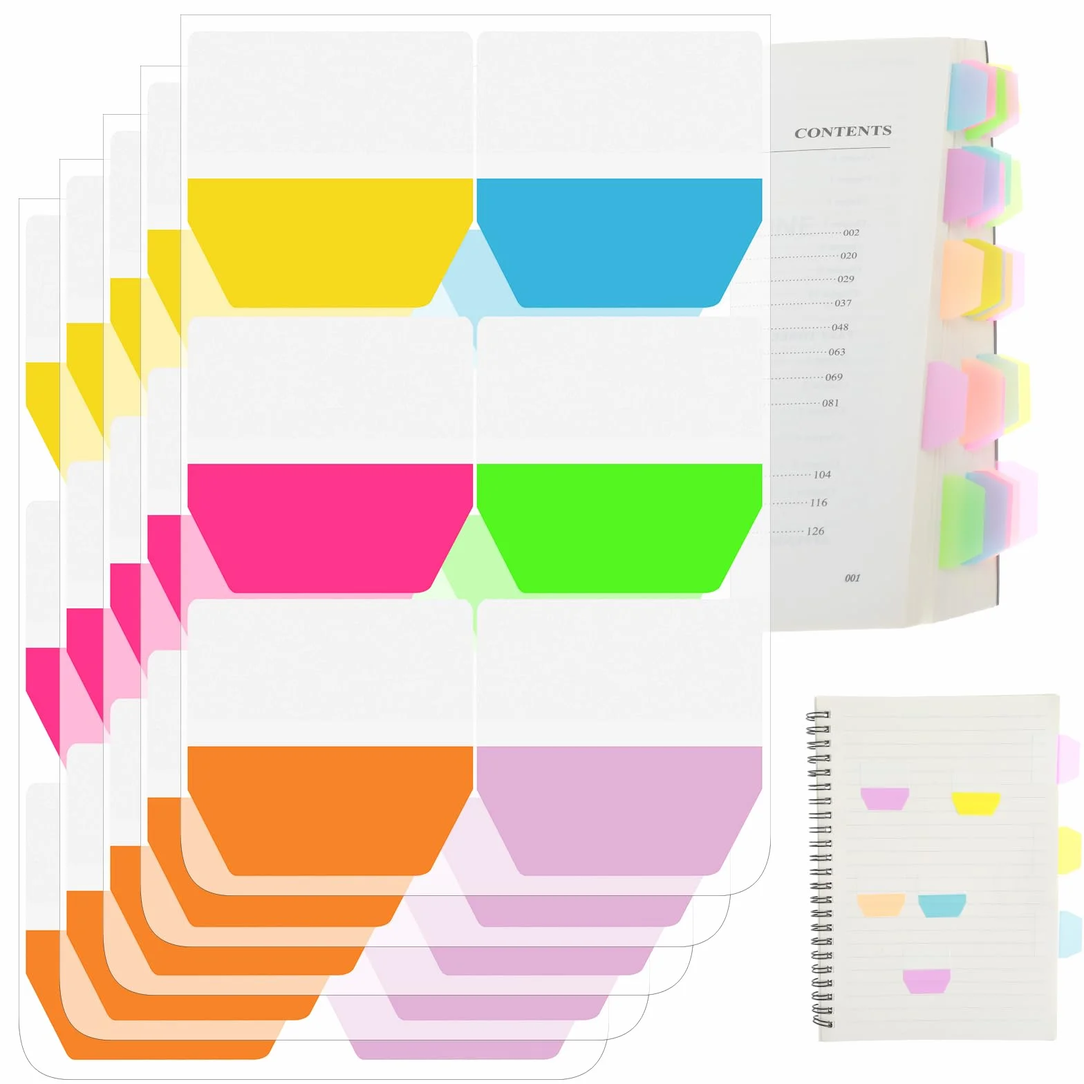 Molain 600 unidades/5 paquetes de fichas de índice autoadhesivas, pestañas fluorescentes para describir, tablillas adhesivas para archivos, pestañas de archivo de banderas, marcadores de página