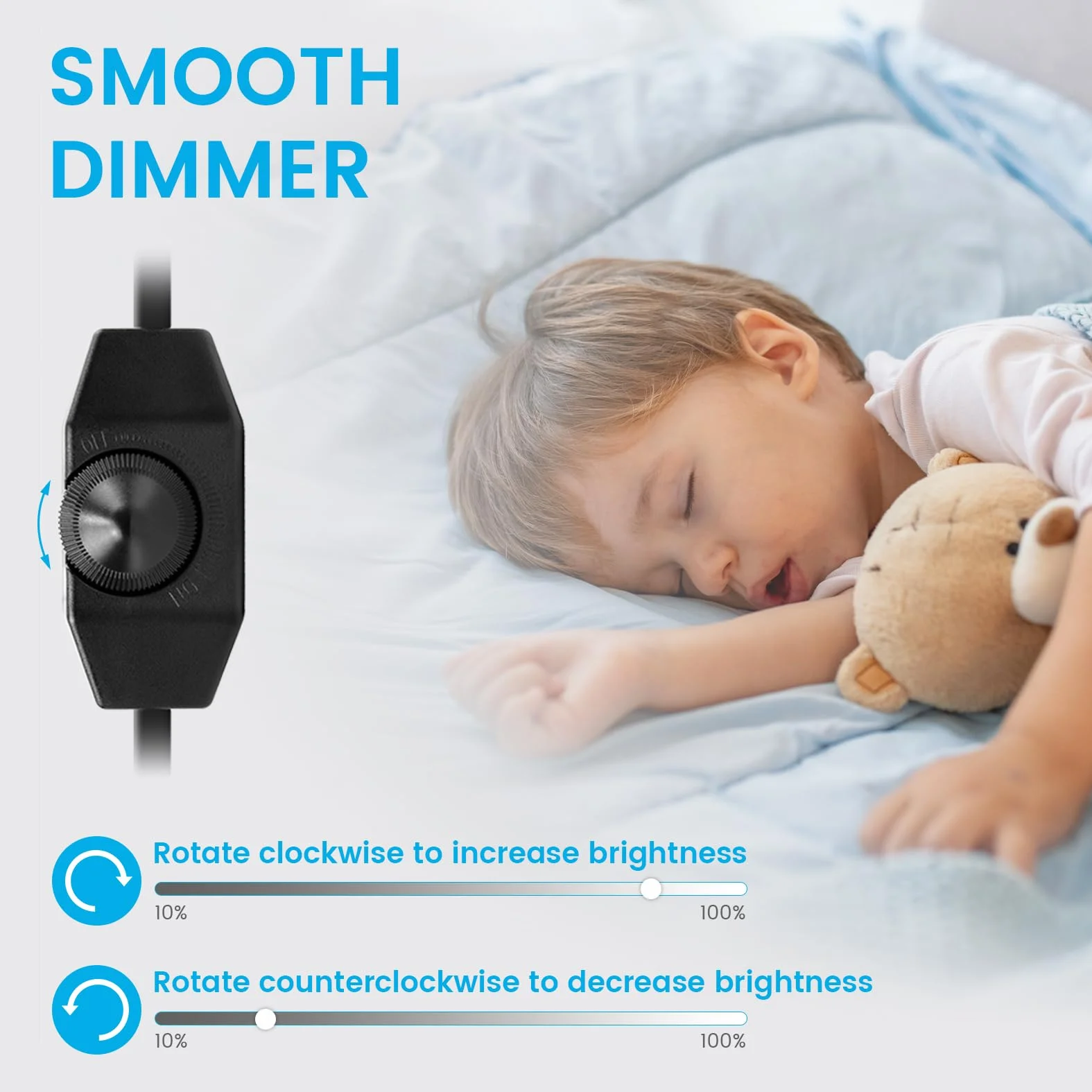KSIBNW Regulador Intensidad LED con Interruptor, 2M Dimmer Regulador de Intensidad 220-240V Sin Niveles EURO Enchufe Cable de Alimentación Extensión Rotativo Interruptor Silencioso para Lámparas LED