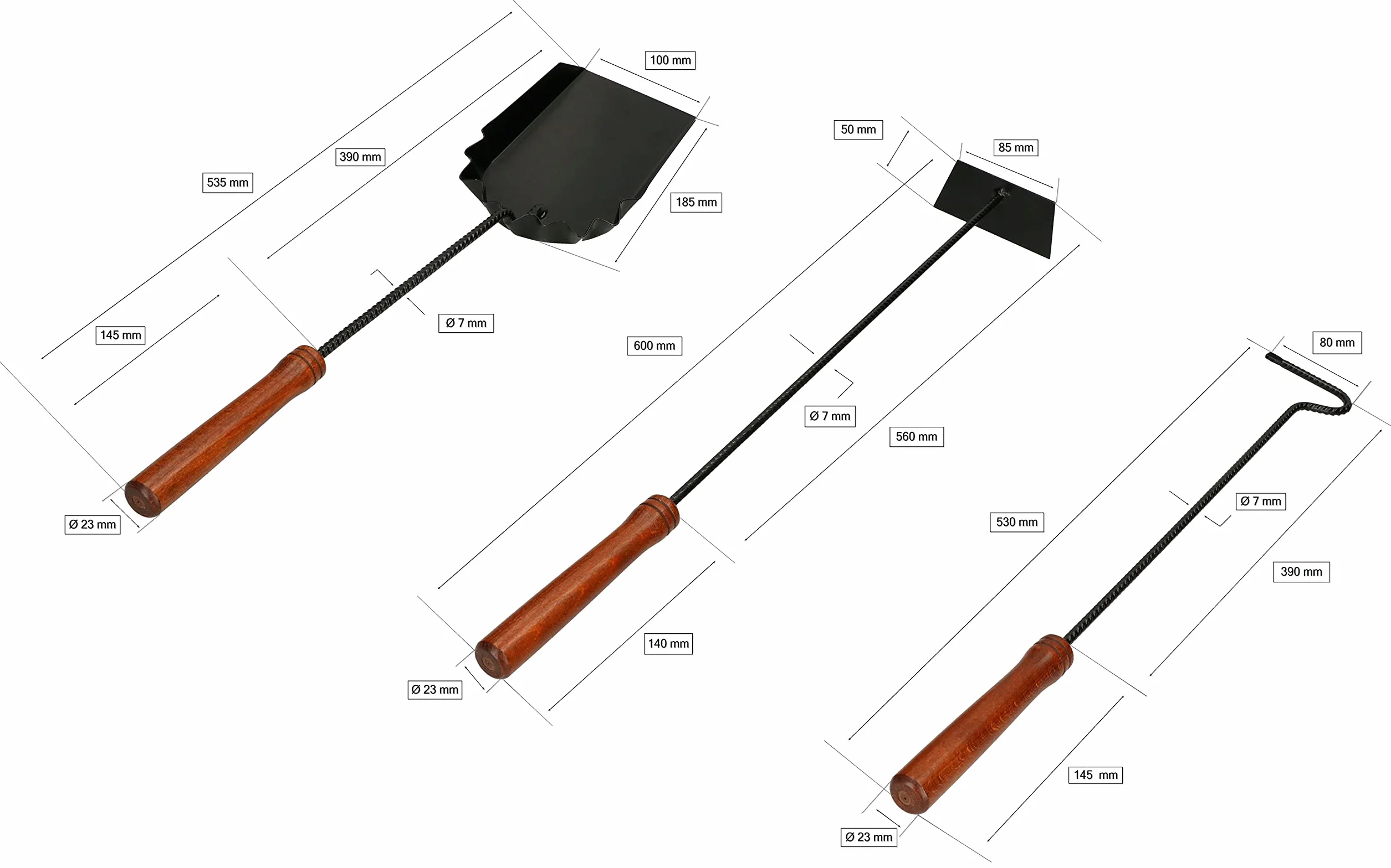 KOTARBAU Kit de 3 Accesorios para Chimenea, Pala, Atizador, Rascador de Ceniza, Metal, Mango de Madera, Negro