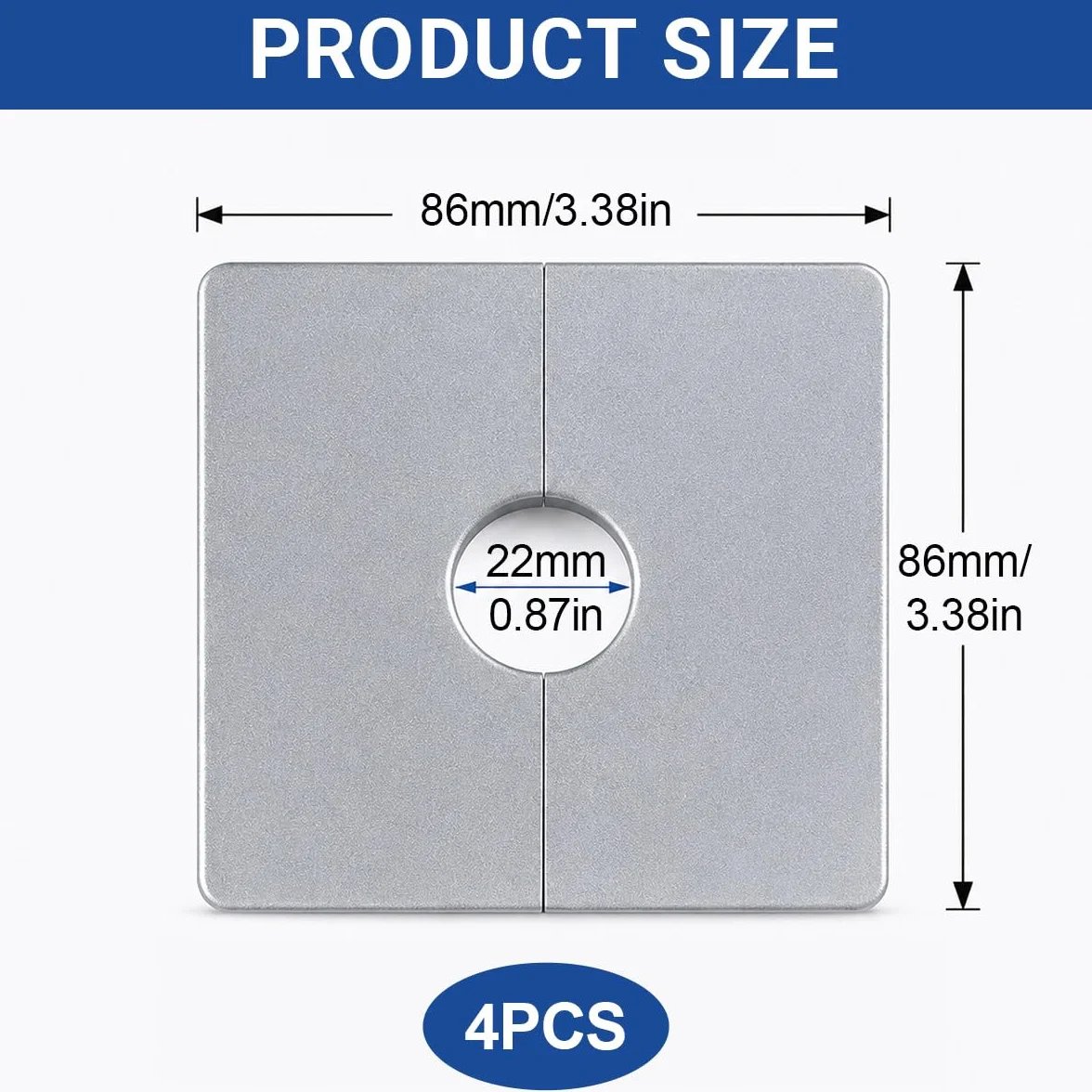 Placa de Pared Autoadhesiva para Agujeros, Roseta Mezclador Ducha 22mm, Tapa Tubería Radiador Cuadrada, Cromado Plateado, 4 Piezas