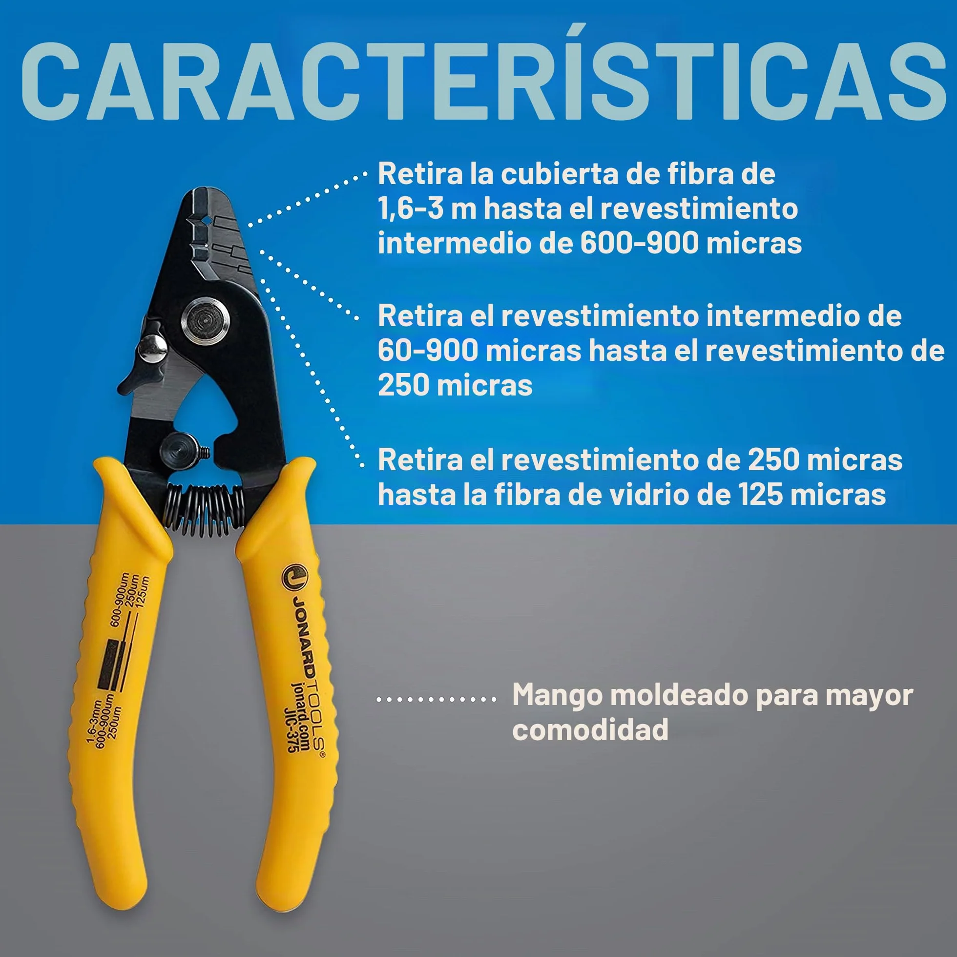 Pelacables de fibra óptica con tres agujeros JIC-375 de Jonard con mango de TPE, 15 cm de largo