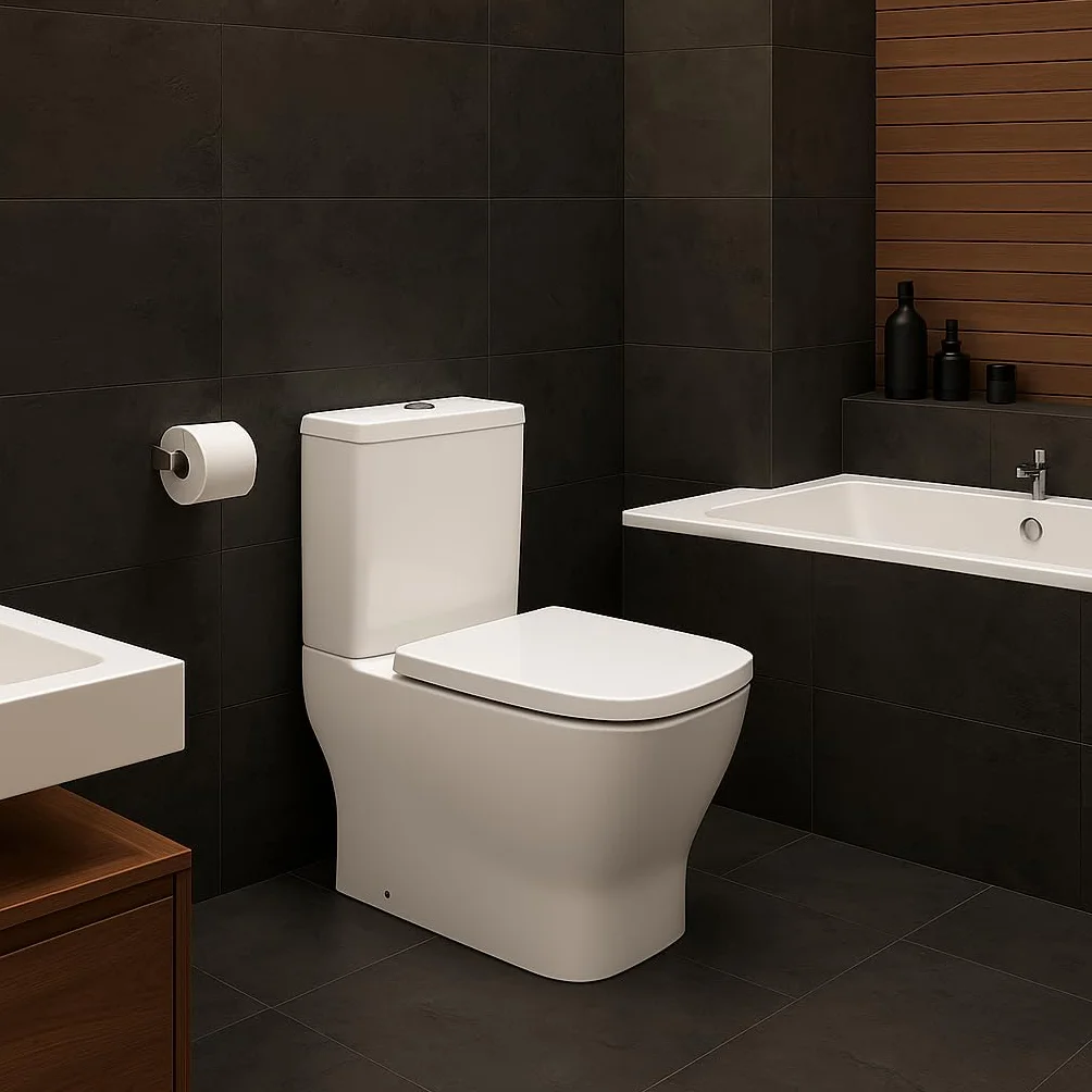 Novo bath - Inodoro Compacto Rimless Serie Mónaco – Estilo Tipo The Gap, Doble Descarga 3/6L, Salida Dual, Asiento UF Soft Close, Cisterna Incluida, Esmalte Antibacterias, Pegado a Pared