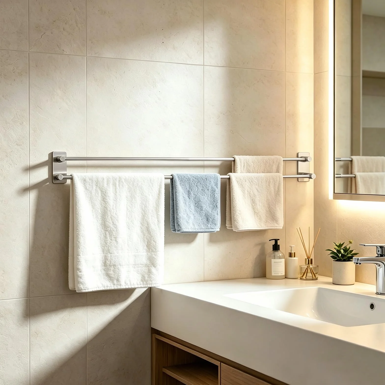 Toalleros de Baño sin Taladro, Doble Toallero Adhesivo de SUS304 Acero Inoxidable, Toallero Pared Antioxidante y Resistente a los Arañazos, Apto para Baño y Cocina (Cepillado Plata, 40cm)