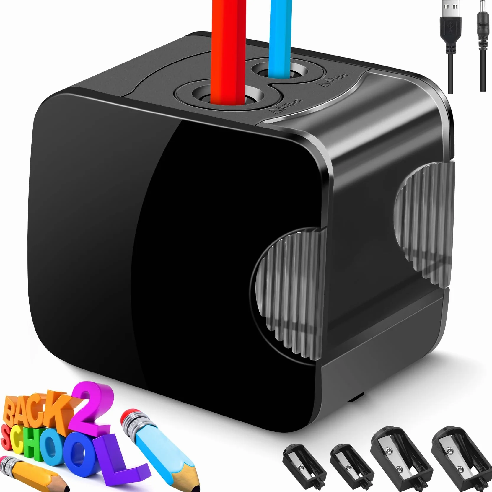 Sacapuntas Eléctrico USB y Batería 2 Tamaños 6-12mm, 4 Cuchillas Profesional para Lápices