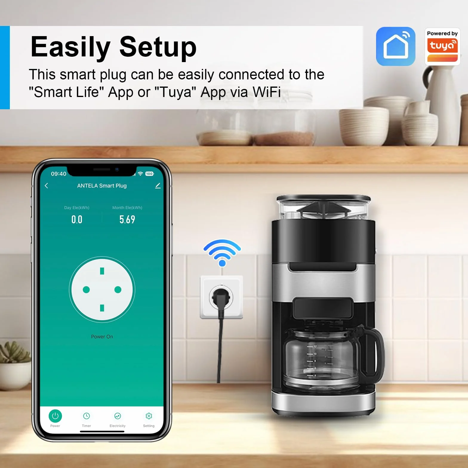 ANTELA Enchufe Inteligente 16A 3680W WiFi Compatible con Alexa y Google Home,con Monitor de Energía, Horarios y Temporizadores, No Necesita HUB,4PCs | Enchufe inteligente compatible con Alexa/Google Home, Smart Life APP, Horarios y Temporizador, 2,4 GHz,