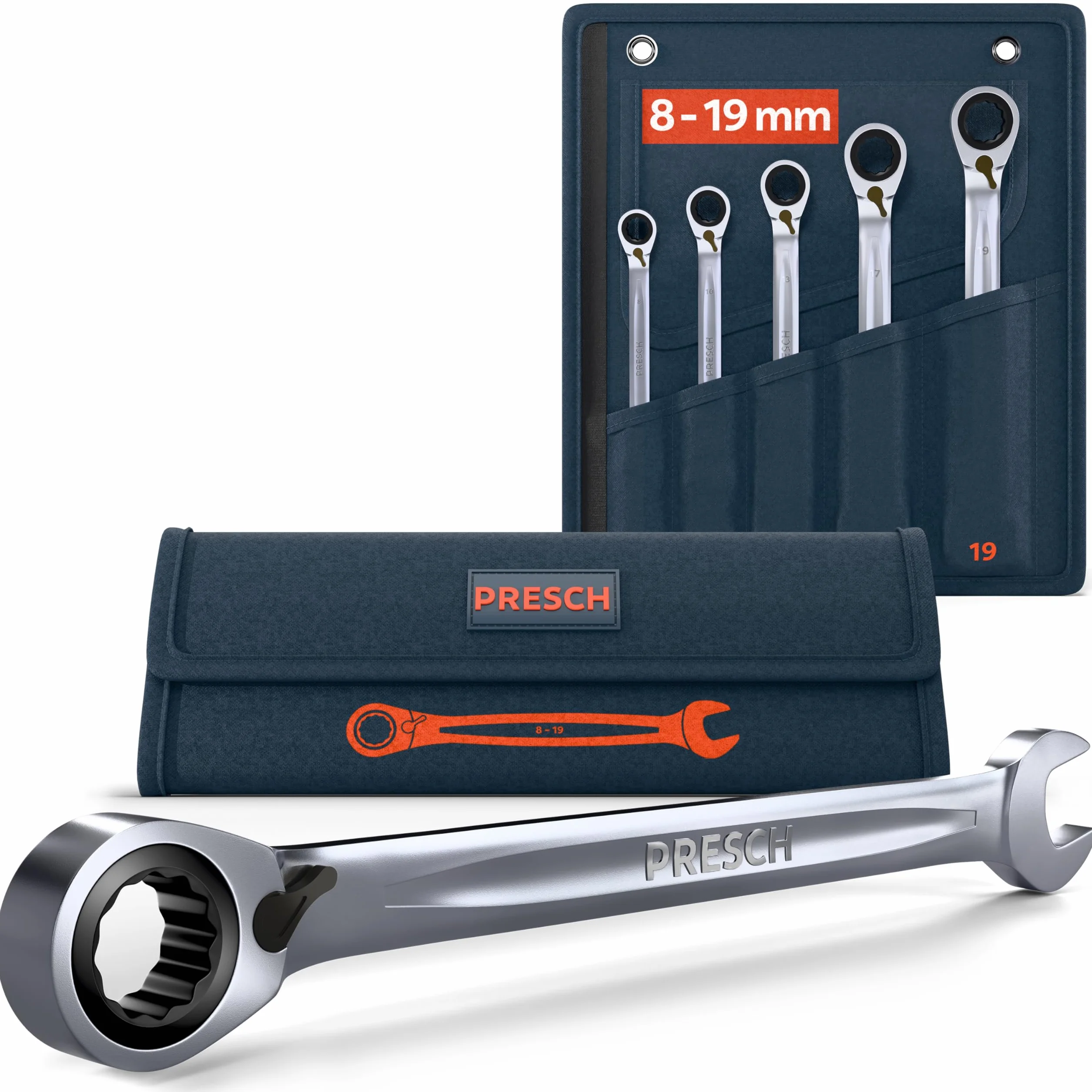 PRESCH Llaves fijas con carraca reversibles 5 uds (8, 10, 13, 17, 19mm) con bolsa - Ángulo de retorno mínimo (4°, 90 dientes) - Juego llaves carraca duraderas fabricados con precisión