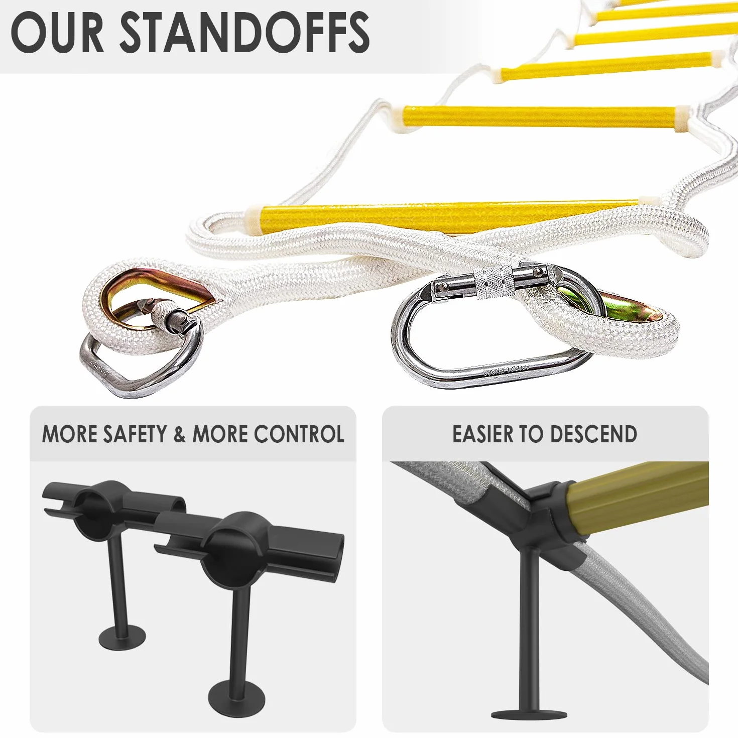 Escalera de Seguridad de 10 m Resistente al Fuego - Solución innovadora Escalera con estabilizadores de separación, cordón y cinturón de Seguridad - Reutilizable - Capacidad de Peso de hasta 900 kg