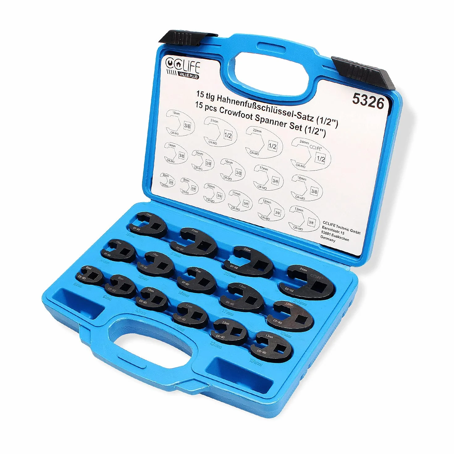 CCLIFE 15 piezas Juego de Llaves de Boca 3/8" 1/2" Llaves Crowfoot, 8-24 mm